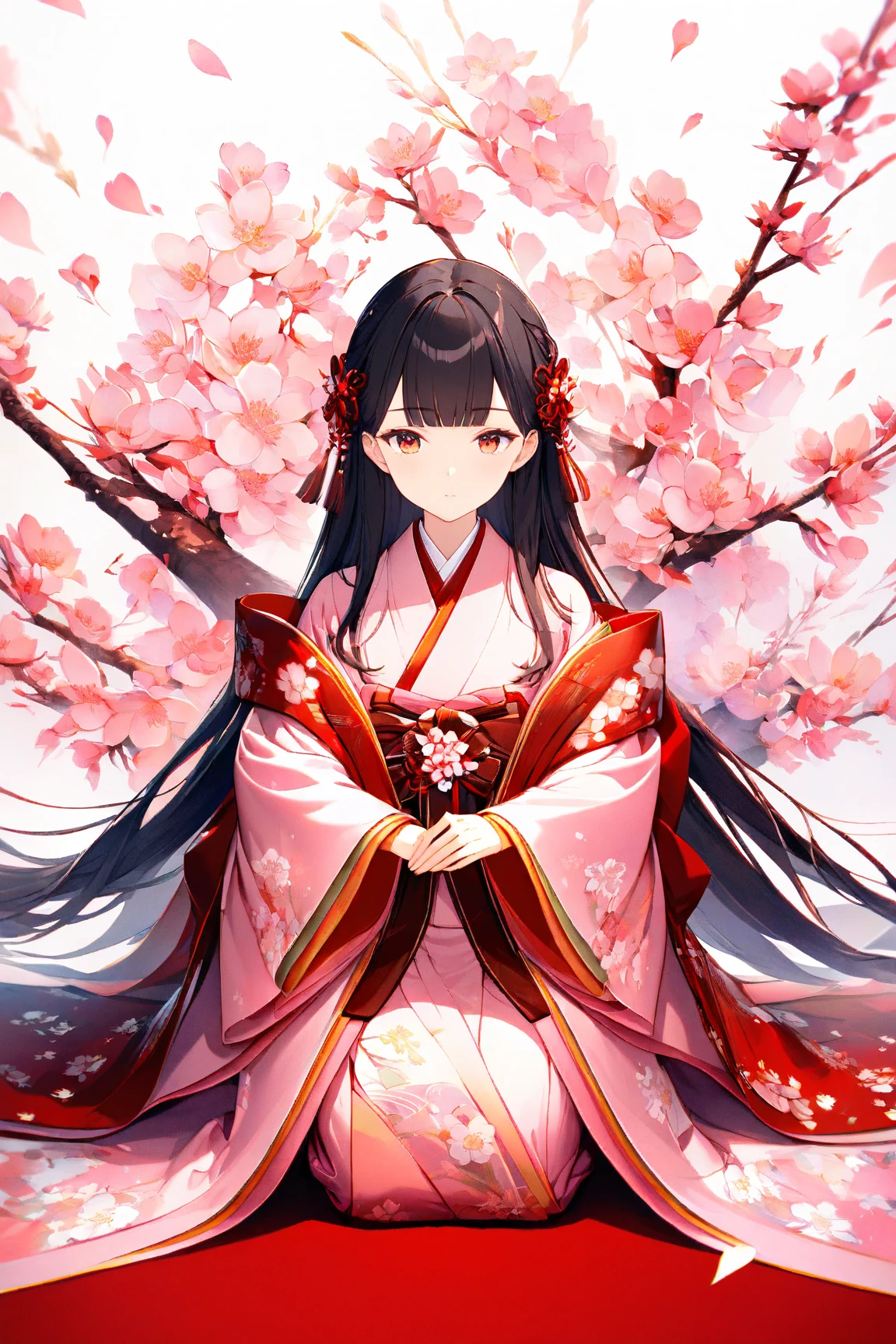 (masterpiece:1.2), (best quality:1.2), (very aesthetic:1.2), (absurdres:1.2), ultra-detailed,extremely detailed,beautiful,extremely detailed CG,ultra detailed background, 8k,16k,perfect hair, perfect fingers,a girl,(solo),beautiful,expressionless, mouth closed, (blunt bangs), ), black hair,long hair, blunt ends,((forehead)), orange eyes,(pink kimono with floral pattern),((dark red haori with floral pattern)),smiling,((peach blossom)),full body,
BREAK,((white background)),flat style,spring atmosphere,pink pastel colors,(Hinamatsuri Clothing:1.5),
, peach blossom, kimono,seiza,red carpet,dynamic angle,peach blossoms petals,12hitoe dolls