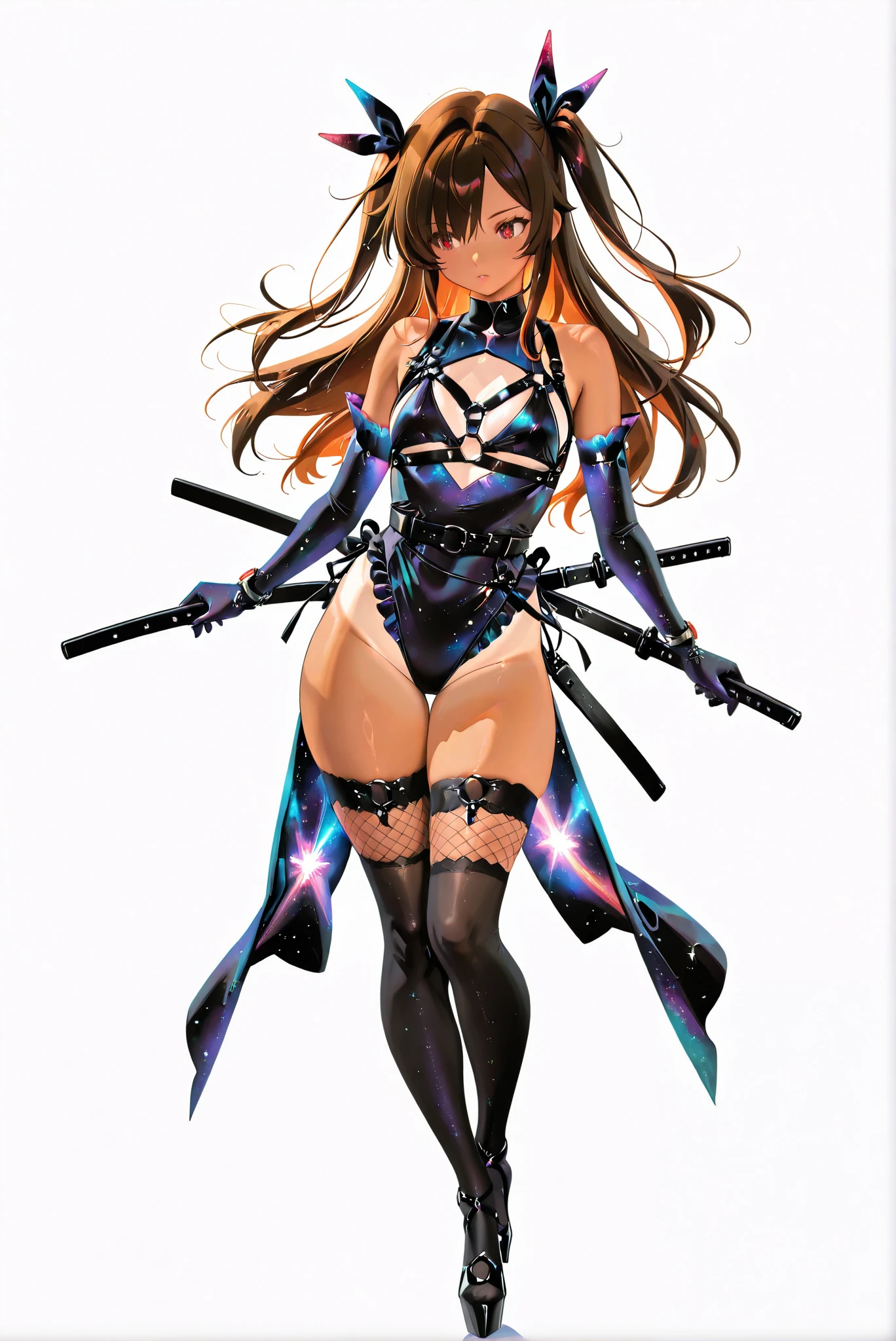 galaxy dress,( ,Battoujutsu,white background:1.7),HoleHeels,oval/Circle/Thorn/Horn Heels,,Limited Color Palette,Colorful,Bright Color,flashing silhouette,neon,black light ,watch, masterpiece, is very beautiful,alth4rness, black-mode, black bra-harness, black leg-harness, black waist-harness,defYuki, tan, brown hair, red eyes, two side up, long hair
,hair ribbon, black leotard, bare shoulders, detached sleeves, frilled leotard, tanlines, fishnets, elbow gloves, black thighhighs