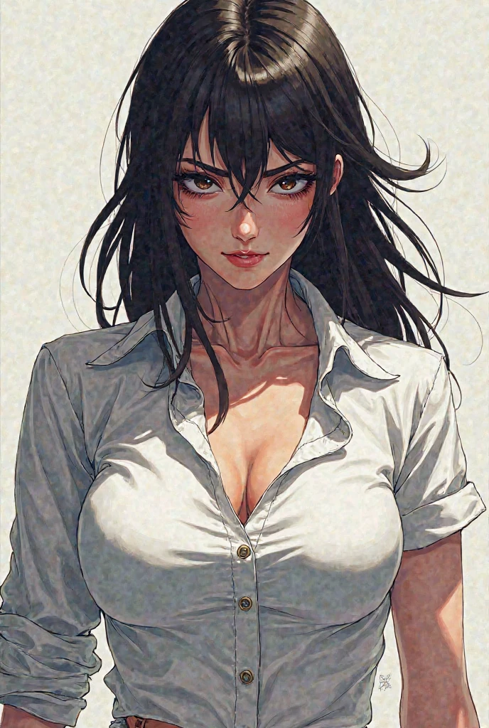 sketch of Teacher,in restaurant, ((serious)) woman, sexy, european, NSFW,(((cute face))) (office grey dress),direct glance,small gaze,tired look,close up face,deep neckline, sitting,cute eyes, huge breasts, dark art by james jean, takato yamamoto, inkpunk minimalism,vivid colors
