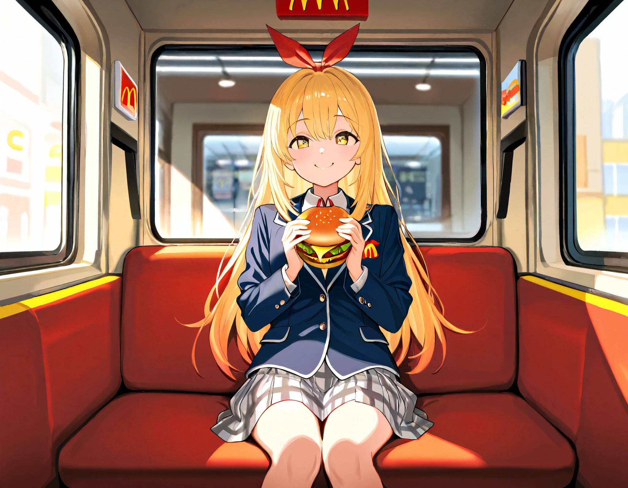 (((Best quality, 8k, Masterpiece: 1.3)), ((best quality)), ((masterpiece)), (detailed), perfect face, A Japanese high school girl sitting inside a McDonald's, enjoying a hamburger after school. She is still wearing her school uniform, consisting of a navy blue blazer, a red ribbon at her collar, and a plaid skirt. She looks relaxed and happy, sitting in a booth, holding a hamburger with one hand, and smiling. The McDonald's interior features bright lighting, red and yellow colors, and the fast-food atmosphere. Outside the window, it's the late afternoon with a bit of sunlight streaming in, suggesting she's stopped by after classes