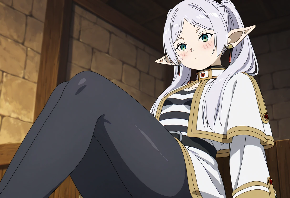 score_9, score_8_up, score_7_up, score_6_up, score_5_up, score_4_up, (source_anime), {{Frieren from sousou no frieren}} , ((small breasts)), breasts milk, Sitting in the bed, Black pantyhose, Milk-smeared breast, dynamic pose, ((solo)), Legs spread, Thick thighs, big ass, Massive thighs, frieren