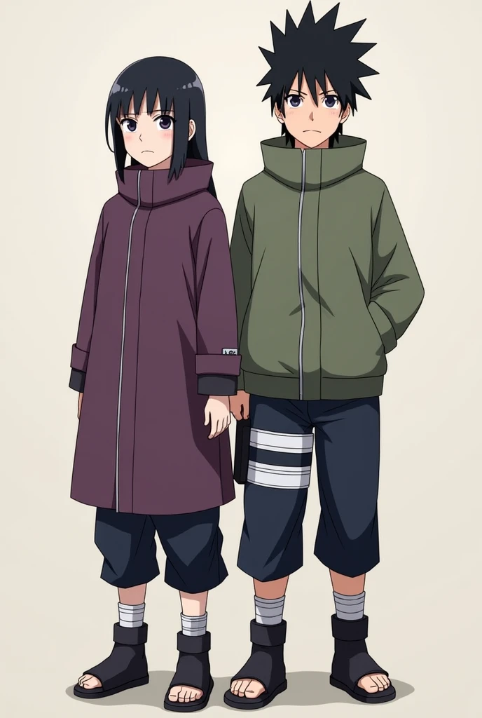 Create a Naruto character with these characteristics: Sasuke and Hinata's twin sons, the one with black hair and eyes wearing purple clothes and the boy with black hair and eyes wearing white and black clothes