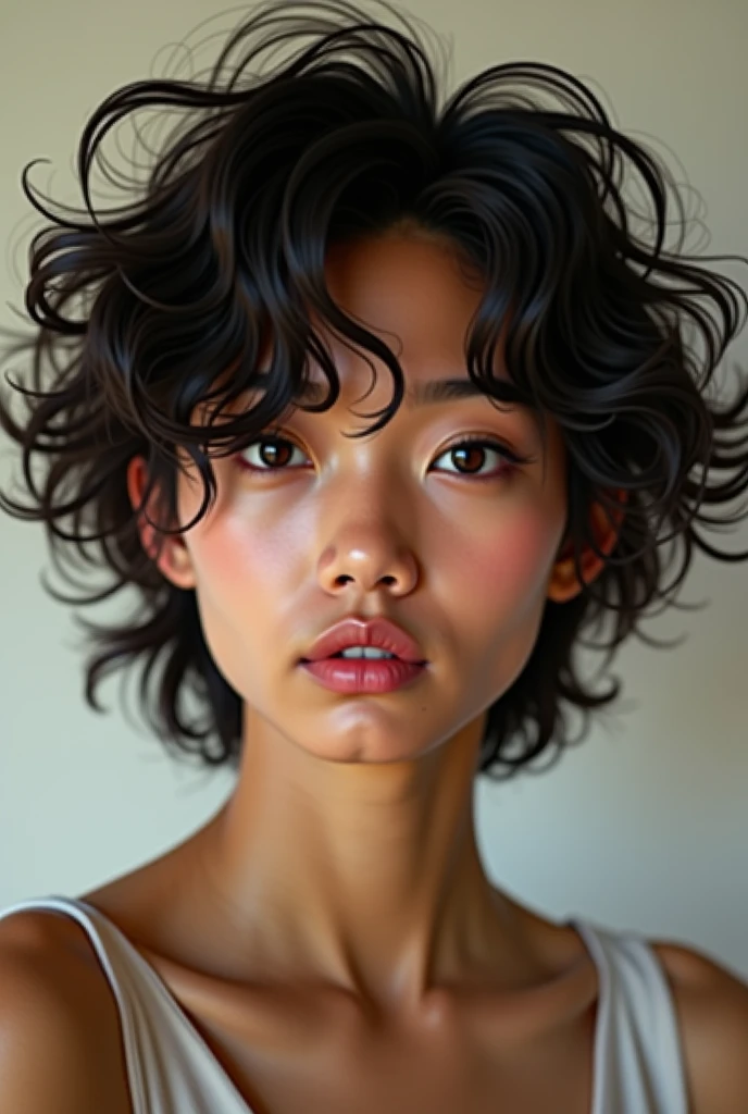 A beautiful woman looks through the window of a futuristic room in the futuristic spacecraft grom above at the jungle in the distance. The woman has (white skin), pale skin, juicy lips, lips, large green eyes (afro curly black hair), she od very tired. Her face is close to the glass, looks though the windows, his hands resting against the glass. You can see spend great exhaustion on her the face. Face in profile, Profile photo shoulder frame. Perfect hands, (she is wrapped in a sheet), She is naked skin. The interior of the futuristic ship is white and black. (Bright morning light)