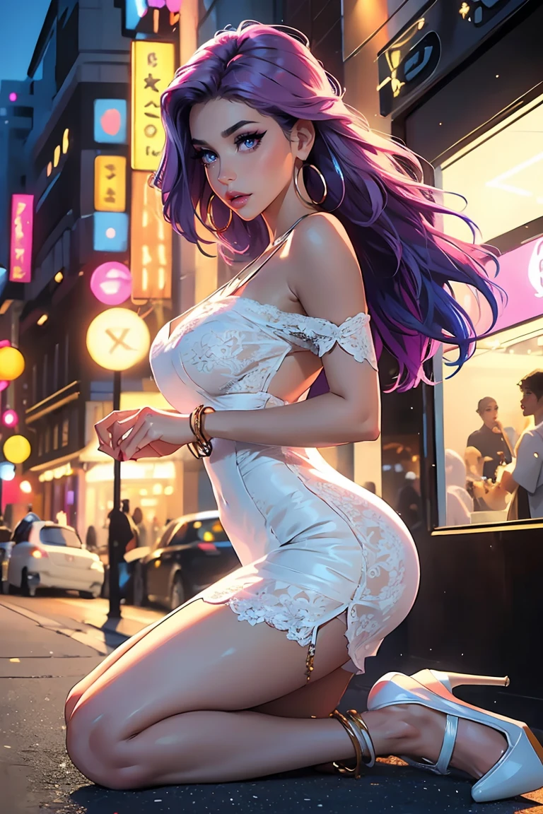 Anime - Style woman with blue hair and silver dress posing on the street, seductive anime girls, Extremely detailed Artgerm, trending on artstation pixiv, an oppai cyberpunk, beautiful blue-haired girl, Detailed digital anime art, beautiful and seductive anime woman, trending on cgstation, Artgerm on ArtStation Pixiv, Digital anime art,huge tit,Hold your phone,