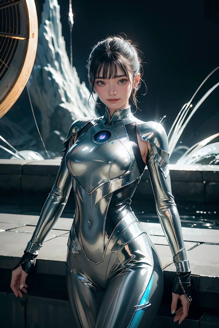<lora:add-detail-xl:2.4> <lora:xl_more_art-full-xl:0.6> <lora:envyzoomsliderxl01-xl:-0.64> famous artwork by (hajime sorayama:1.48), chiaroscuro, south korean girl, perfect face, beautiful big eyes, a stunningly beautiful young female android in a detailed (symmetrical:1.2) black scifi fashion bodysuit, (beautiful mechanical body:1.1), (a large round window:1.2) (shows the surface of a strange otherworldly and beautiful alien planet:1.1) (with wondrous exotic alien flora:1.2), light smile, (silky smooth long straight black hair, round futuristic hair ornament:1.1), hime cut, bangs, golden hour, (dim lighting:1.1), (reflective surfaces:1.1), perfect hands, iridescent blue, chrome, teal, purple, black, (dark image corners:1.1), accurate, sharp focus, ultra detailed, 8k