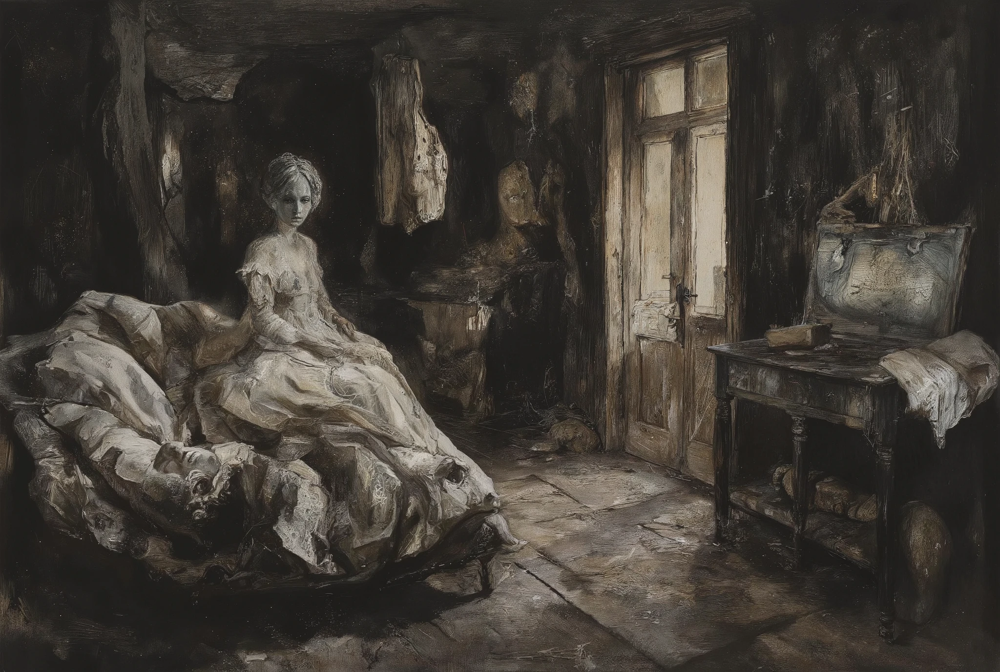 A striking illustration of a victorian era porcelain doll in dark basement. The basement looks empty, dusty and long forgotten. Picture emanates with eerie and grim atmosphere.