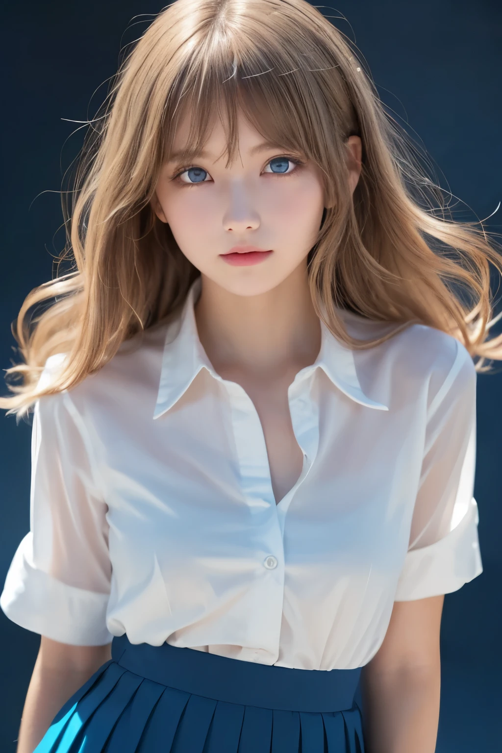 1girl, (a beauty girl, delicate girl, beautiful girl, innocent girl:1.3), (10yo:1.3),
break, (nude, open shirt, put out nudity, white shirt:1.2), (cowboy shot, blue skirt, pleated skirt:1.2),
break, (leaning forward, dark blue background:1.3),
break, very fine eyes, (symmetrical eyes:1.3),
break, (flat breasts:0.5), (round face, baby face), (blue eyes), parted bangs, (blonde hair, white long hair, loose curly hair), cute lips,
break, (eyes and faces with detailed:1.0),
break, (masterpiece, best quality, ultra detailed, detailed face, 8k)