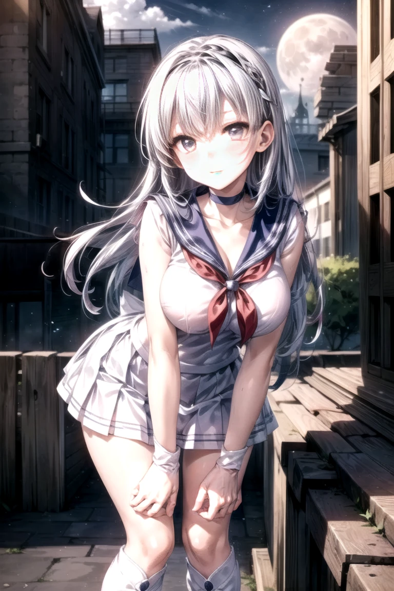 (1 Girl:1.2),(high quality), (High resolution), (Very detailed), (8k),(Demolition paperback correct)、Sexy Lingerie、Wearing a sailor uniform、((Focus on the whole body))、Nipple Shape、((Black Pantyhose))、Hair messed up by strong wind、Neutral White Lighting,Sexy pose、