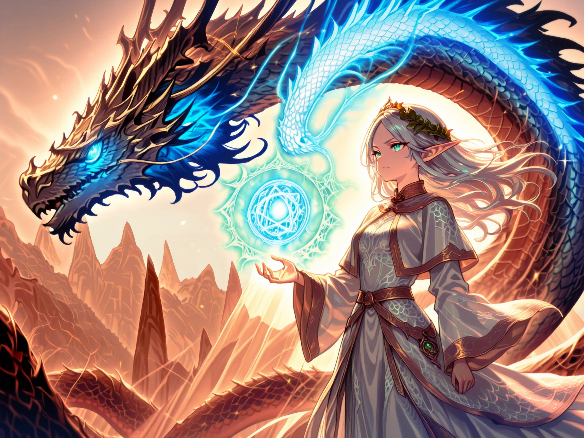 A young, double-headed, gray-haired female elf creates a magic circle and blasts magic at a dragon