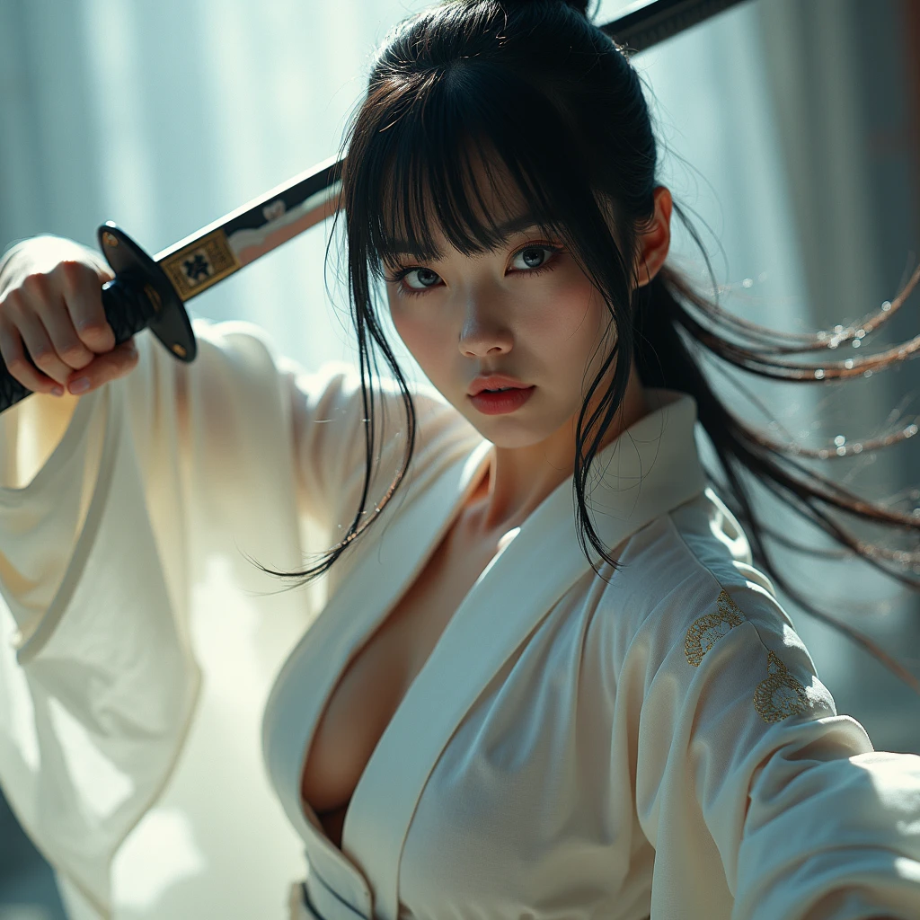 (A woman in her twenties wielding a Japanese sword),(handsome girl), (Hanfu), white skin, surrounded by ink water,Surrounded by the wind, clear face, clear and bright eyes, high detail, whole body, movie lights, motion blur, ray tracing, reflected light, (enlargement), masterpiece, best quality, high quality, high details, super detail, 1080p, UHD, HD, character design, photorealistic, Unreal Machine, concept art, Popularity of Art Station, ((realistic)), looking at viewer, fantasy art, Amazing Gradient Colors, amazing detail,absurd, HDR. Japanese Warring States Period, A little bit of cleavage is visible, Bandaged chest., big bust, sexy, from below, Holding a Japanese sword, swordsman, Bewitching, Your legs are sexy, Undergarments slightly visible, spread the crotch apart, Net stockings, torn clothes, Undergarments are visible among the tattered clothes.