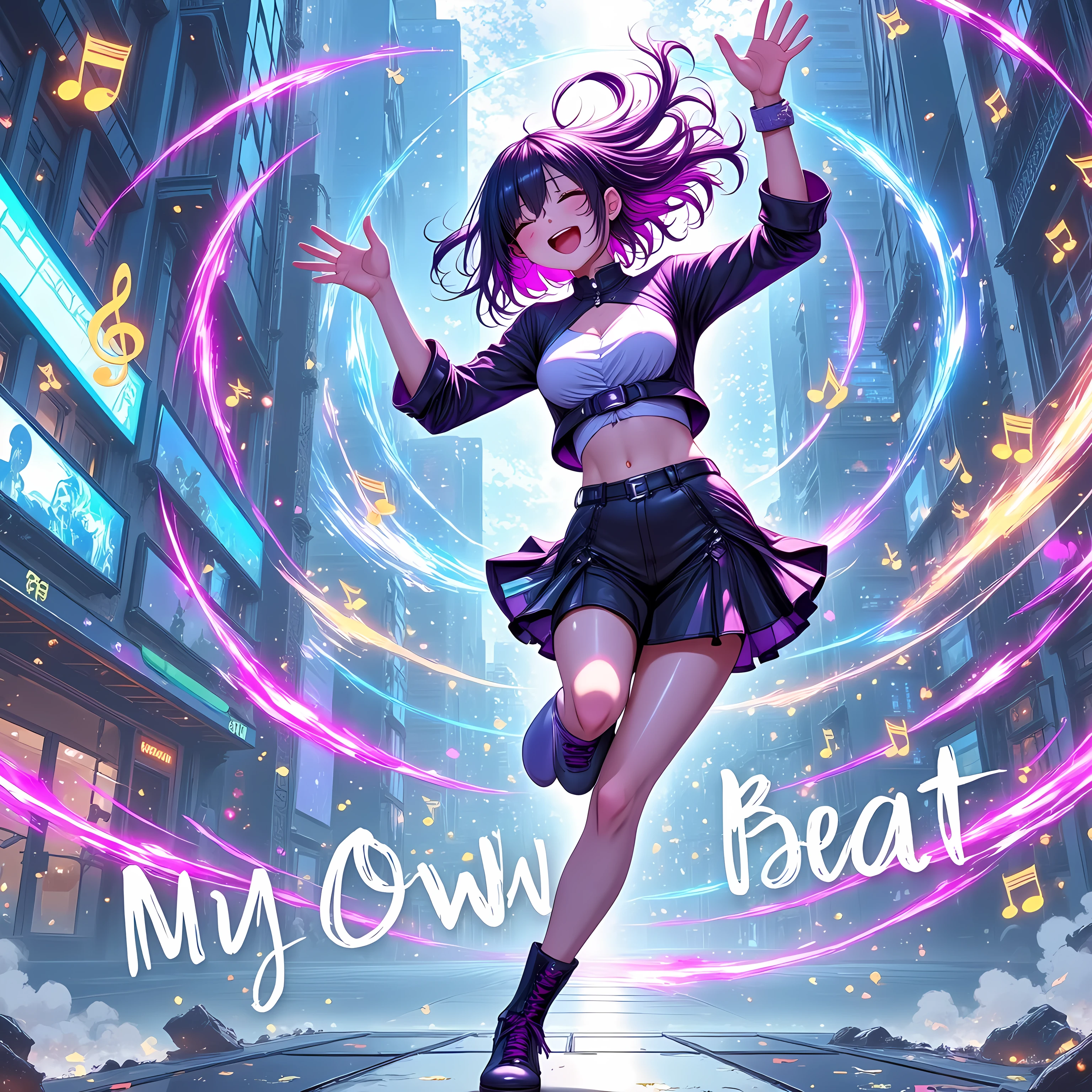 Anime-style illustration of a dancer mid-motion, surrounded by swirling lights and music notes glowing around them like energy waves. Their expression is pure joy and confidence, with every movement radiating power and individuality. The background is a stylish blend of abstract city elements and music visualization effects, enhancing the energetic feel. The title "My Own Beat" is positioned in bold, stylish text at the bottom. The color palette features electric blues, purples, and neon pinks to match the song’s modern, upbeat vibe. The dynamic composition makes it instantly engaging as a thumbnail. 1:1 aspect ratio.