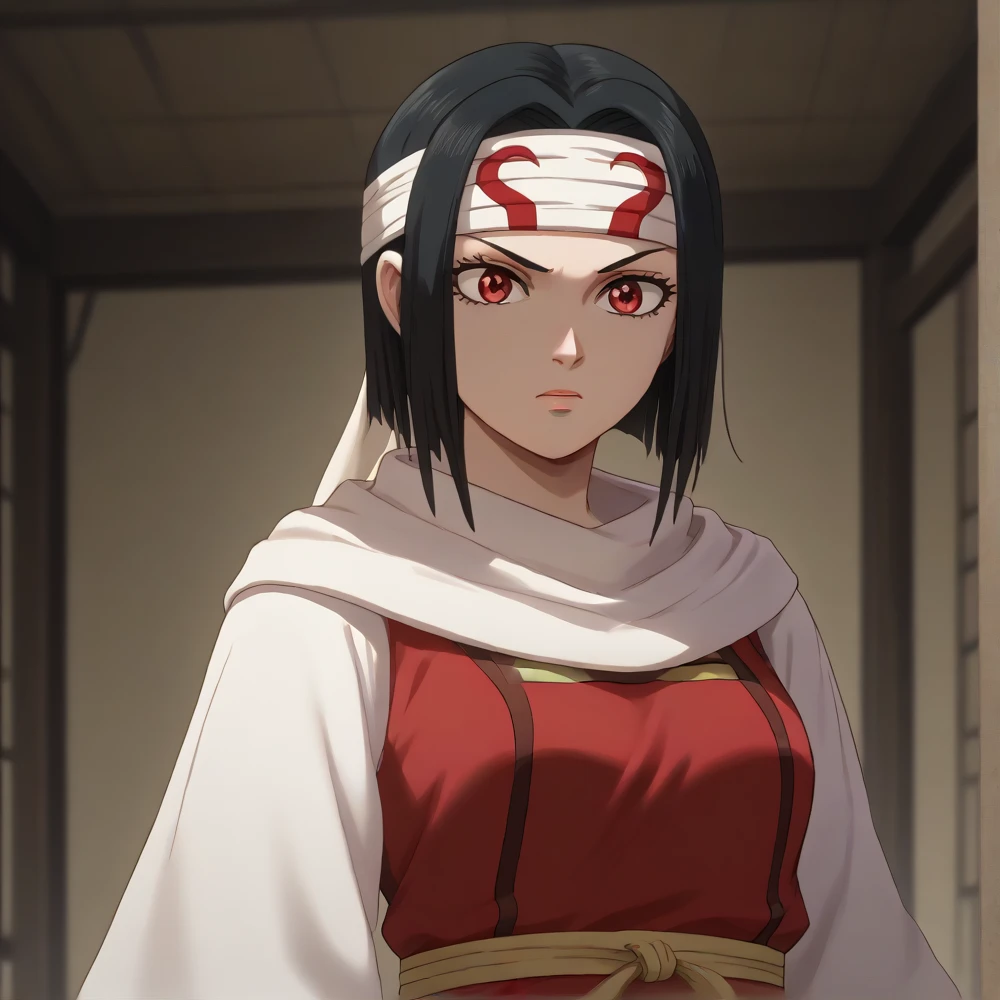 ((docile)) masterpiece, super detail, high details, high quality, best quality, highres, 1080P, 8k, 16k very accurate clothing sharp gaze score_9, score_8_up, score_7_up, ((cowl)) ((headband on forehead)) detailed clothing beautiful girl , white sash belt stGE, black hair, bob cut, blunt bangs, red eyes