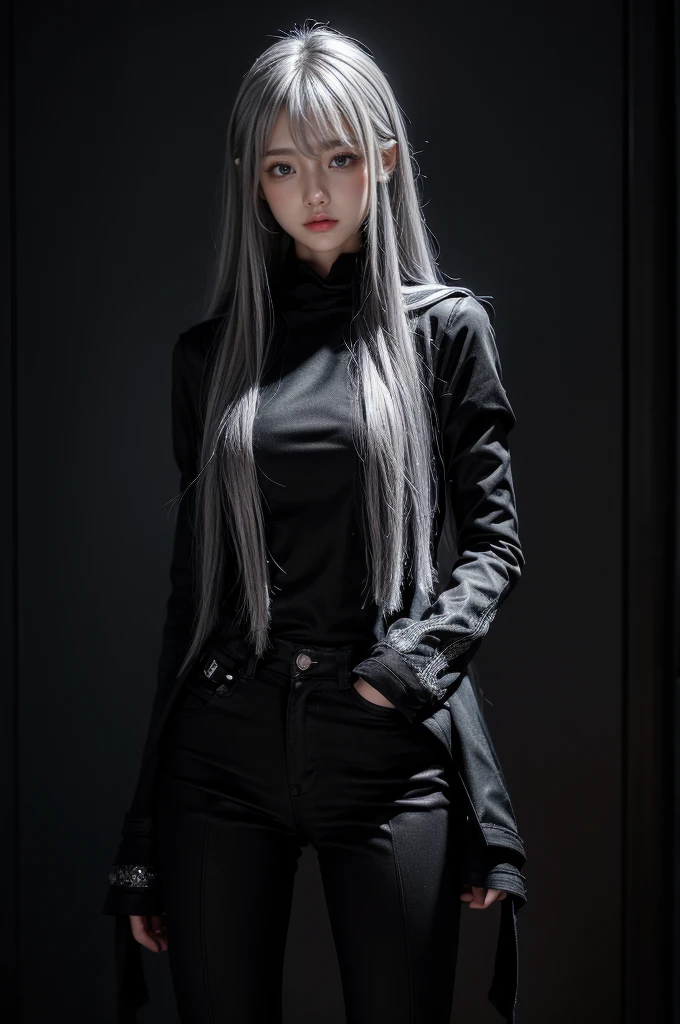 standing,Military Uniforms,pants,black military uniform,whole body,Height: 168cm,almond shape eyes,{{{{{silver eyes}}}}},{{{{{dull bangs}}}}},(slanted eyes},{{whole body},{{{1 girl}}}, long hair, straight hair,{{{{silver hair}}}},{{{tsurime}}},30 years old,{Medium chest},{{bush}},silver eyes,{{{masterpiece}}}, {{{highest quality}}}, {{Super detailed}}, {shape}, {{very delicate and beautiful}},very detailed,detailed perfect,detailed hyper,Abundant thighs,big ass,black clothes