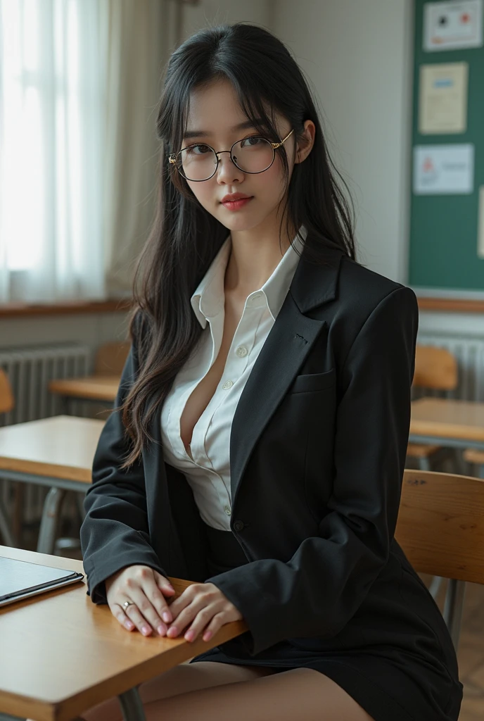 (HighestQuality, 8K,32k,masterpiece, UHD:1.2),Highly detailed CG Unity 8K wallpaper,intricate details,Raw photo,(realistic:1.4),atmosphere,ultra high resolution,genuineistic,genuine,Huge_file size,incredibly absurd,(in the center:1.3),ultra illustration,(Super detailed),dramatic lighting,different colors,written boundary depth,art：Krenz Kushart,golden hour lighting,Photographed with Canon EOS,SIGMA art lens 35mm F1.4,ISO200 Shutter speed 2000,blurred background,
break,
1 girl,(smile:1.4),because I&#39;thin,(Straight long hair with see-through bangs,:1.4),alone,20 year old Japanese beauty, (classroom,glasses,white suit:1.5),(light brown hair:1.5),((brown eyes)),largechest,chest, Soft white skin that shines in every detail,pale skin,very beautiful face,very well-shaped face,natural and realistic face,Highest,fine and beautiful eyes,impressive, Big eyes,fine eyes, smile, smile with your mouth closed, detailed mouth,lip details,glossy beautiful lips,glossy lips,simple earrings,necklace,jewelry, alone focus,low neckline,
break,
light from the front,nice,Are standing,sensual expression, break,
(Dutchangle:1.4),looking at the viewer,
break,Tzuyu,Yui Aragaki,