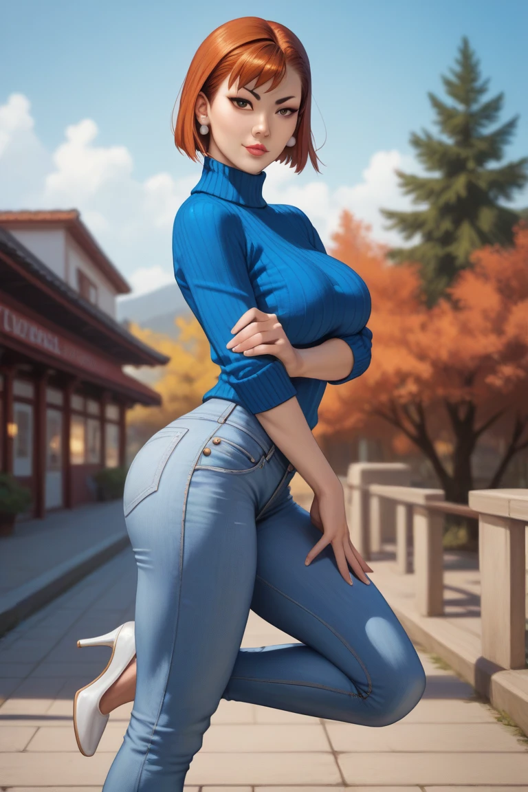 a cute short young lady, loose baggy sweater, no pants, chubby, short red hair in ponytail, beautiful detailed blue eyes with heavy eyeliner, rainbow eyeshadow, big butt, huge butt, large butt, huge booty, big booty, large booty, upturned nose, (best quality, 4k, 8k, highres, masterpiece:1.2), ultra-detailed, (realistic, photorealistic, photo-realistic:1.37), HDR, UHD, studio lighting, ultra-fine painting, sharp focus, physically-based rendering, extreme detail description, professional, vivid colors, bokeh, portraits, fantasy, cinematic lighting, warm color tones