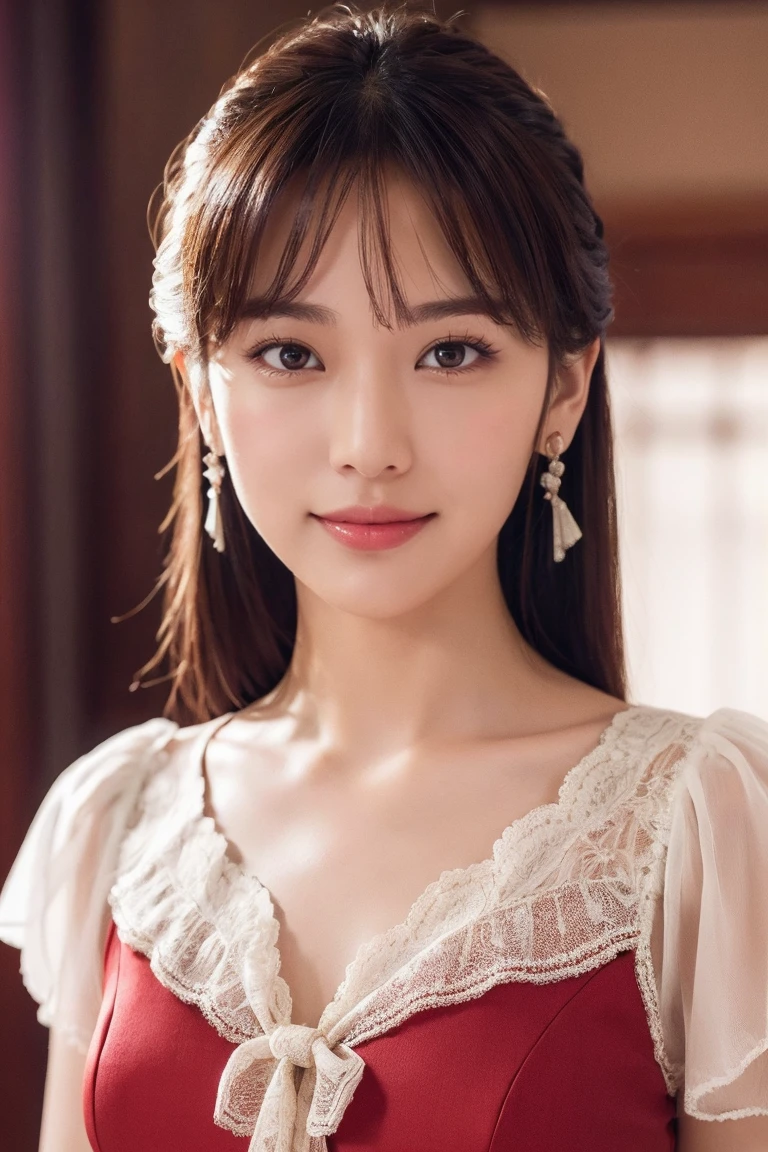 1 Lovely Girl，White skinned，brown haired，Looking at Viewer，Pony tail, Happy smile, Stylish beautiful red shoulder strap silk dress, Mature Face、