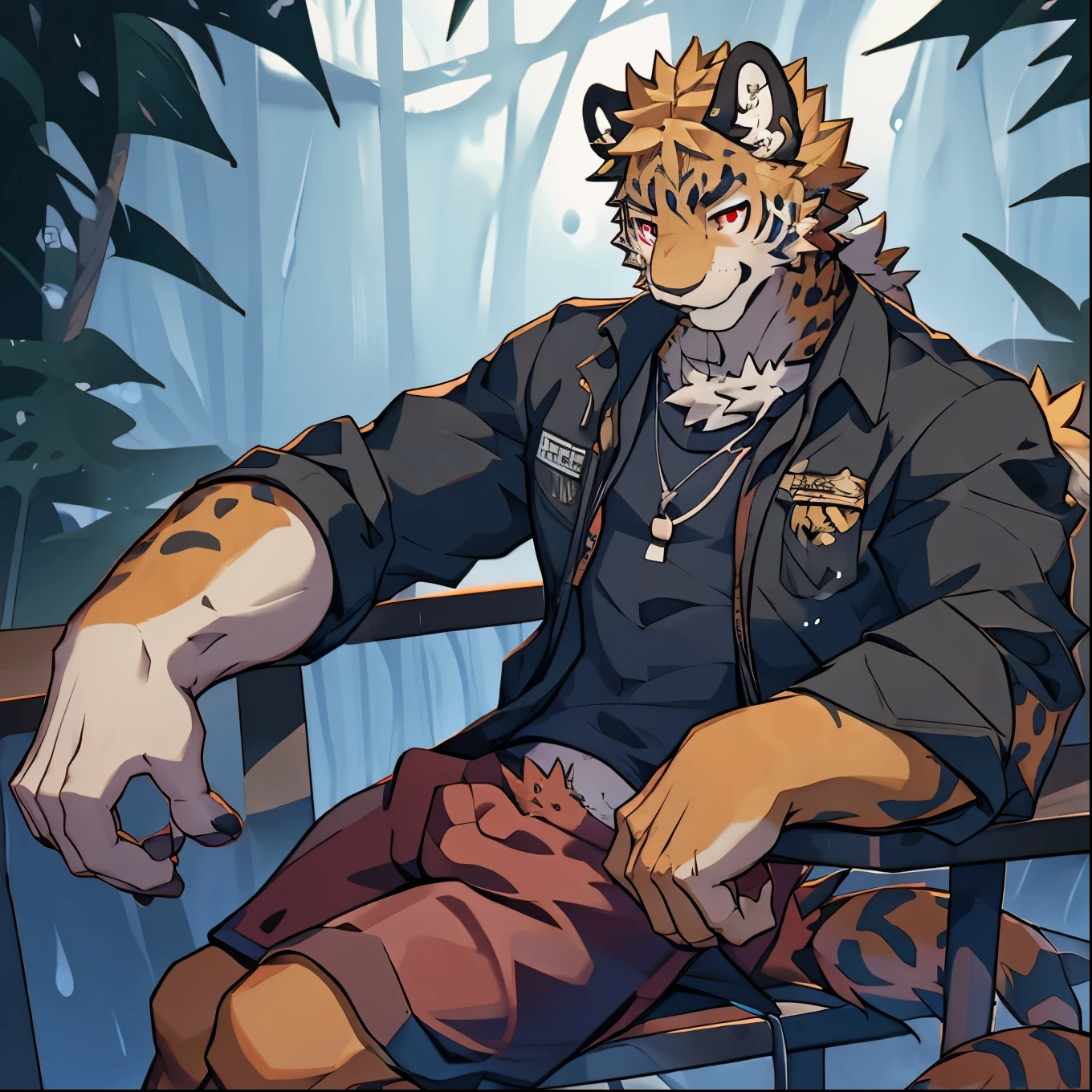 Minimalist， blushing， boy，Golden fur，Golden hair，Leopard，red eyes，wearing short sleeve shorts，Sitting at the table writing，rain