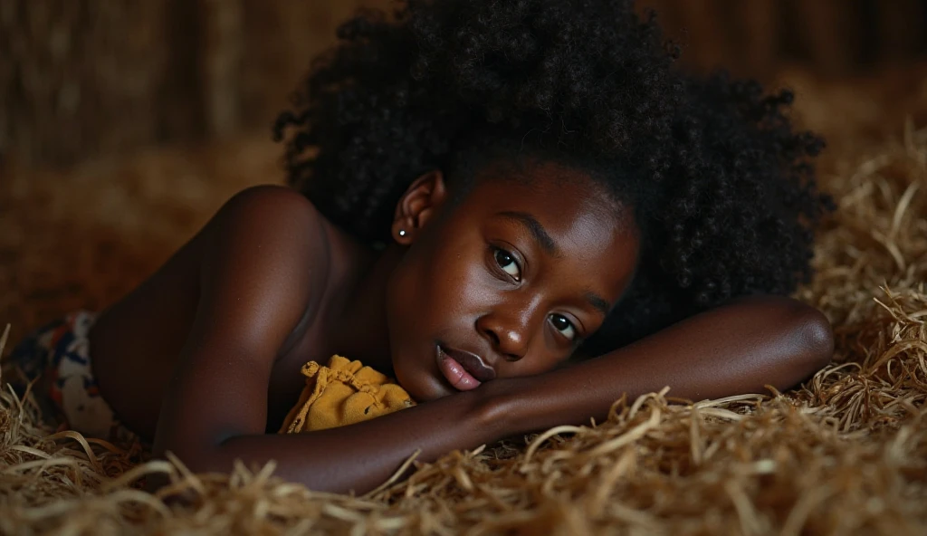 nipple_outline, Beautiful agony 12 year old female with dark skin lying in the top view of the bed, corpo inteiro, mostrando axila, Arms raisedmasterpiece, mais alta qualidade, alta resolução, detalhes extremos, 1 garota, cabelo encaracolado