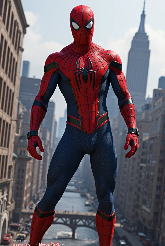 masterpiece, best quality, spider-man costume, nomask, 1boy, blonde hair, blue eyes, standing, new york background <lora:Spider-Man Costume_v1:1>