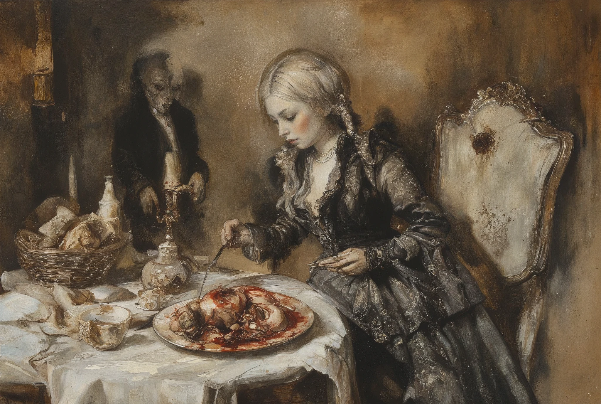 A haunting oil painting depicts a young girl seated behind a dimly lit, ornate dinner table in a posh, yet eerie dining room. Her Victorian-era dress and side braids are juxtaposed with the gruesome plate before her, filled with blood and a mangled human form. The girl's is holding a knife and fork in anticipation. The atmosphere is grim, unsettling, and chaotic, evoking feelings of turmoil and despair. Bold, crude linework adds to the surreal quality, as if drawn on old, stained paper by a troubled mind. The bleak color palette immerses the viewer in a world of darkness and hopelessness.