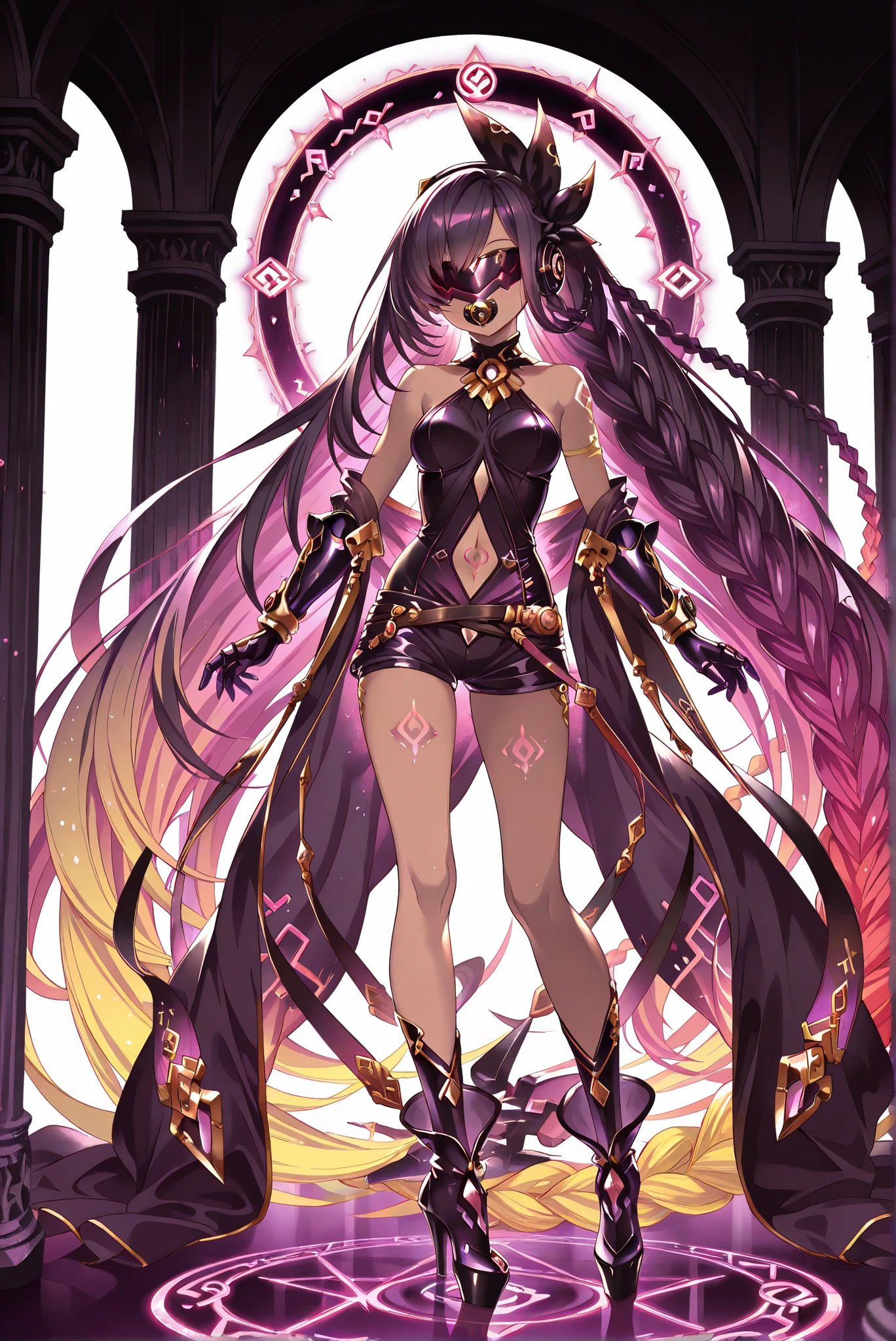 ( , stands,full body,high heels,front view,Standing picture,white background:1.7),HoleHeels,oval/Circle/Thorn/Horn Heels,,Limited Color Palette,Colorful,Bright Color,flashing silhouette,neon,black light ,watch, masterpiece, is very beautiful,,pacifier,red eyes,braid,very long hair, Granblue Fantasy,Helel Ben Shalem,dark skin,blondeGlowing 紫色 Runes ,Glowing Purple Rune Circle ,Glowing Purple Rune Armor,Gloves, leotard, boots, headphones, gauntlets,(navel cutout), shorts,b-visor,covered eyes,pillar corruption