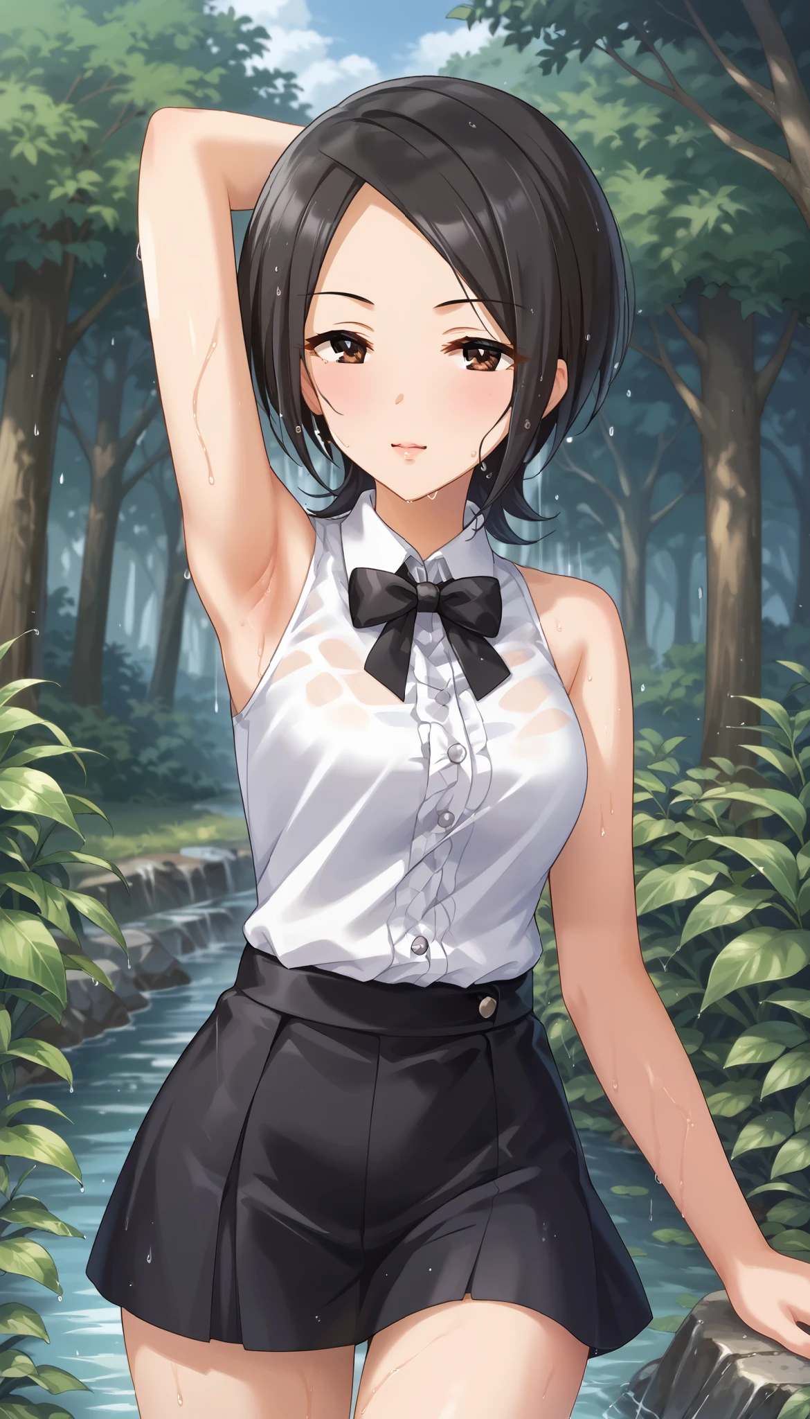 Tougou Ai、 white sleeveless shirt in the style of Watanabe Akio、black miniskirt、arm up pose、 is embarrassing、rain、 wet body 、 Ulchan-6500-v1.1, ( RAW photos :1.2),  beautiful detailed , very detailed目、Brown Eyes 、 The file size is large, Hi-Res, very detailed, Highest quality, [masterpiece:1.6], Awareness-raising, very detailed, CG, finely, Highest quality, 8K wallpaper,  Perfect Body 、躍動感、very detailed、short hair、 black hair、Slim and beautiful thighs