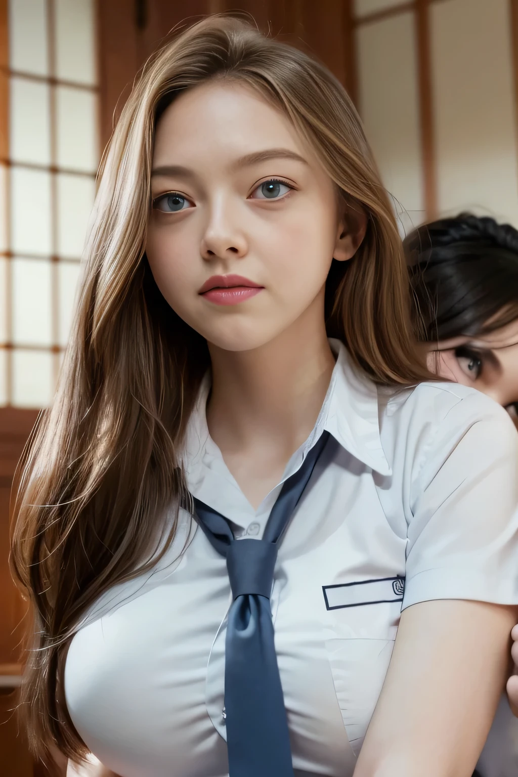 a beautiful Amanda Seyfried and boy hugging each other, female high school student, white school uniform, extremely detailed face and eyes, large breasts, blushing, photorealistic, 8k, realistic, masterpiece