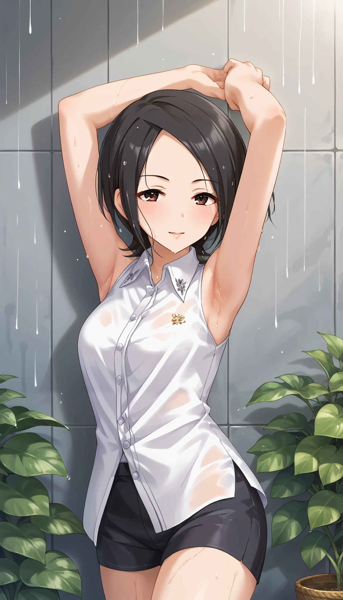 Tougou Ai、 white sleeveless shirt in the style of Watanabe Akio、black miniskirt、arm up pose、 is embarrassing、rain、 wet body 、 Ulchan-6500-v1.1, ( RAW photos :1.2),  beautiful detailed , very detailed目、Brown Eyes 、 The file size is large, Hi-Res, very detailed, Highest quality, [masterpiece:1.6], Awareness-raising, very detailed, CG, finely, Highest quality, 8K wallpaper,  Perfect Body 、躍動感、very detailed、short hair、 black hair、Slim and beautiful thighs