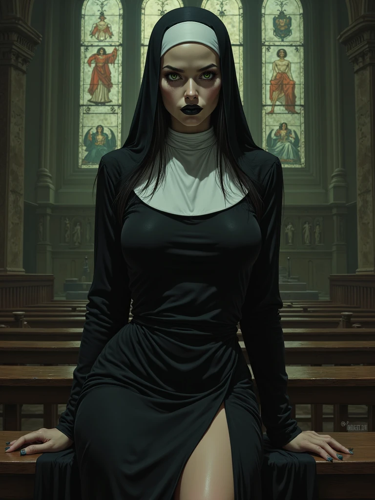 woman dj nun, dark, horror, red tones, gothic church in the background, ultra realistic, horror movie lighting, scary, chaos, neon lights in the background, realistic, dark, huge breast, Fujifilm Fujichrome Provia 100F movie, flashlight, ultra realistic, 8K UHD. --auto --s2