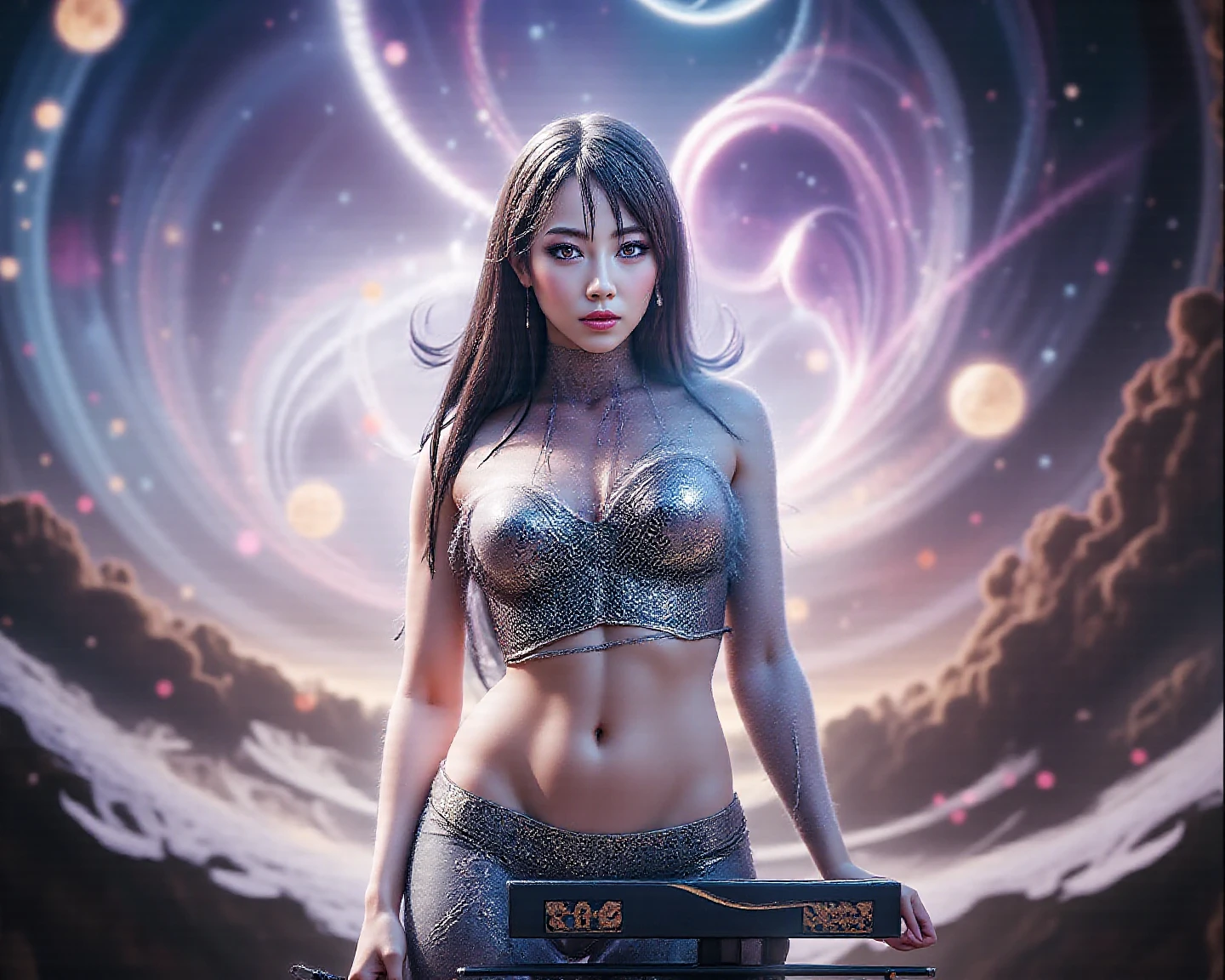Beautiful face, beautiful body, Girl standing in the clouds staring up as the stars, stars floating around her, brilliant colors, amazing swirls of cosmic dust, colorful vibrant, light particles, Create digital artwork in the Pop Art style, Featuring a vibrant and confident young Asian girl,street fashion (vibrant), Movie color scheme, Surrounded by vintage flower motifs, Vibrant brushstrokes,Emotions should be dynamic, Upper body, Drawing, illustration, Many flowers,