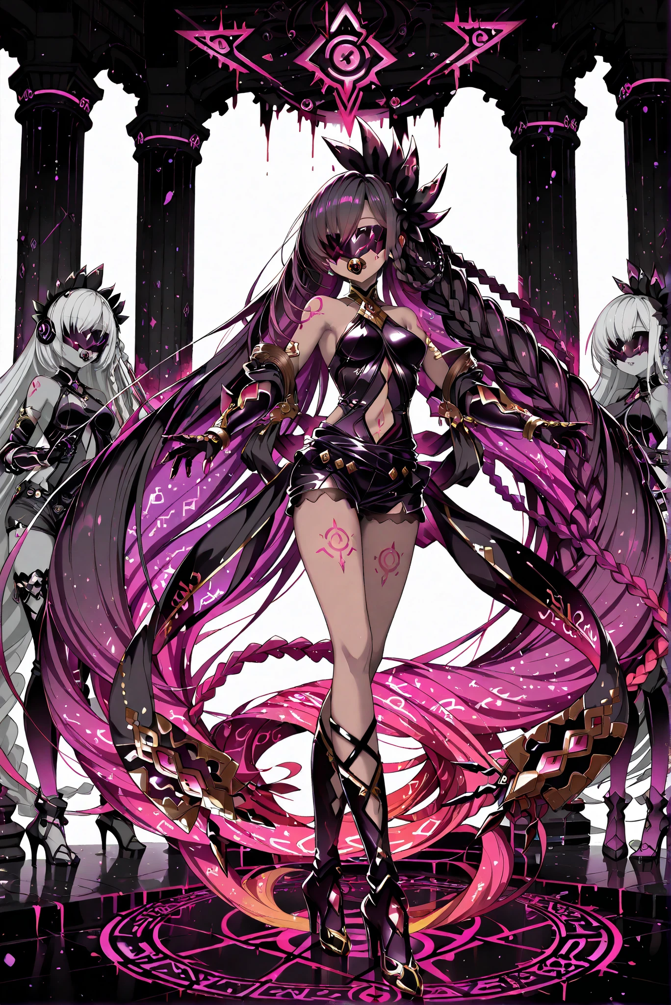 （ , stands，full body，high heels，front view，Standing picture，white background:1.7)，HoleHeels，oval/Circle/Thorn/Horn Heels，,Limited Color Palette,Colorful,Bright Color,flashing silhouette,neon,black light ,watch, masterpiece, is very beautiful，，pacifier，red eyes，braid，very long hair， Granblue Fantasy，helel ben shalem，dark skin，blondeGlowing purple Runes ,Glowing Purple Rune Circle ,Glowing Purple Rune Armor，Gloves,  leotard, boots, headphones, gauntlets,(navel cutout), shorts，b-visor,covered eyes,pillar corruption，XUER guangying

