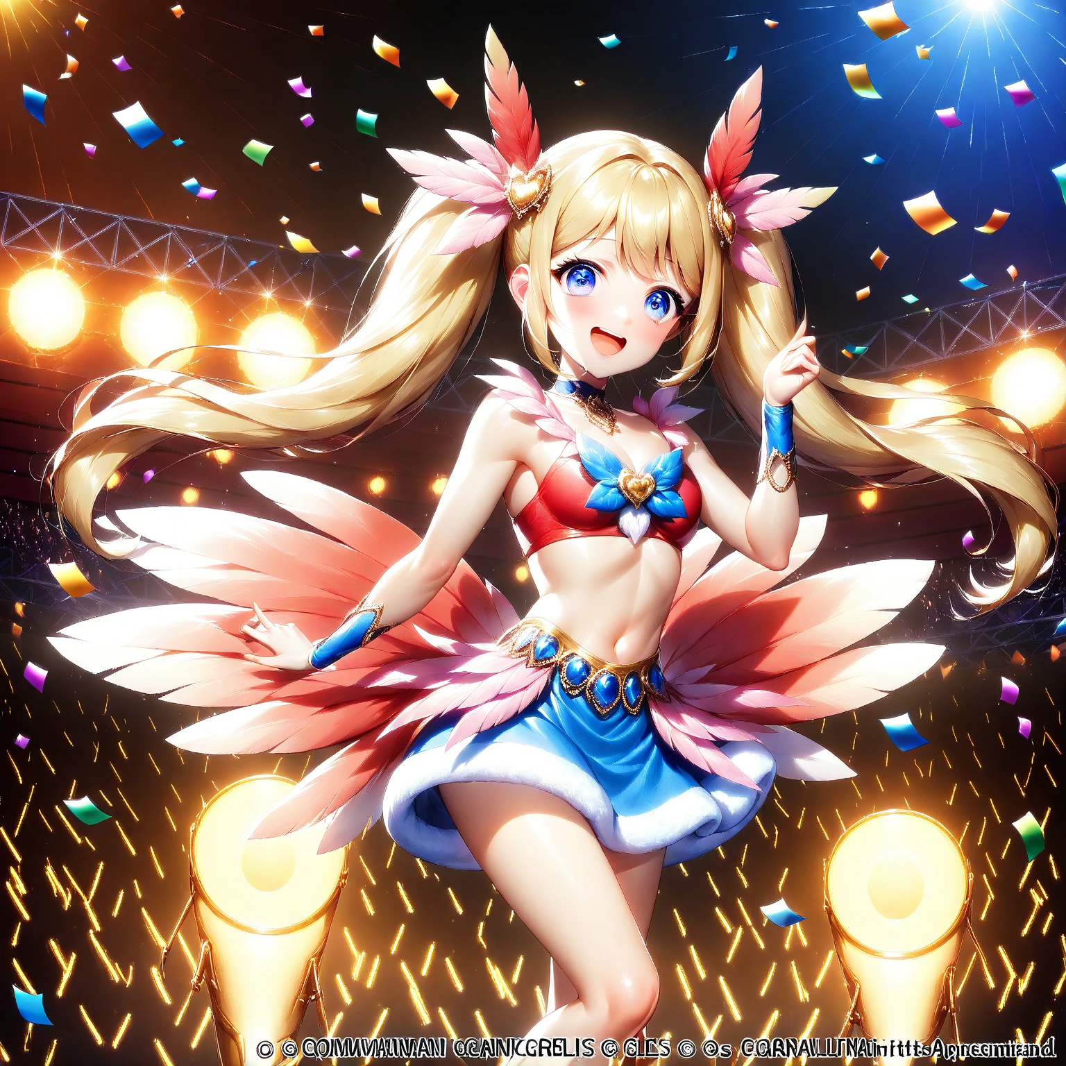 girl, boy, female pervert, idol, angel, long hair, blonde hair, gradient hair, pubic tattoo on underbelly, shiny hair, masterpiece, arms up, armpits, surrounded, multiple others, exhibitionism, audience, background characters, crowd, public humiliation, spread , ass_visible_through_thighs, show foot,