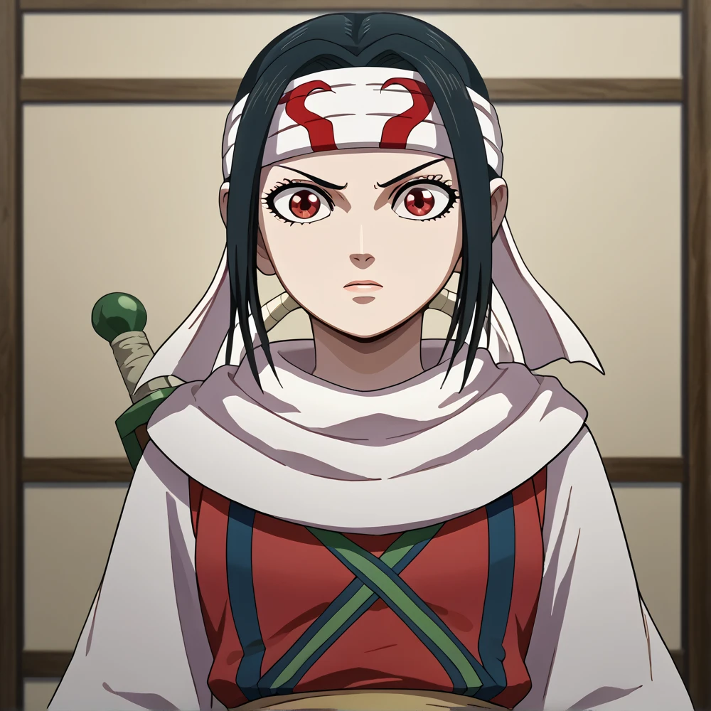 ((docile)) masterpiece, super detail, high details, high quality, best quality, highres, 1080P, 8k, 16k very accurate clothing sharp gaze score_9, score_8_up, score_7_up, ((cowl)) ((headband on forehead)) detailed clothing beautiful girl , white sash belt stGE, black hair, bob cut, blunt bangs, red eyes