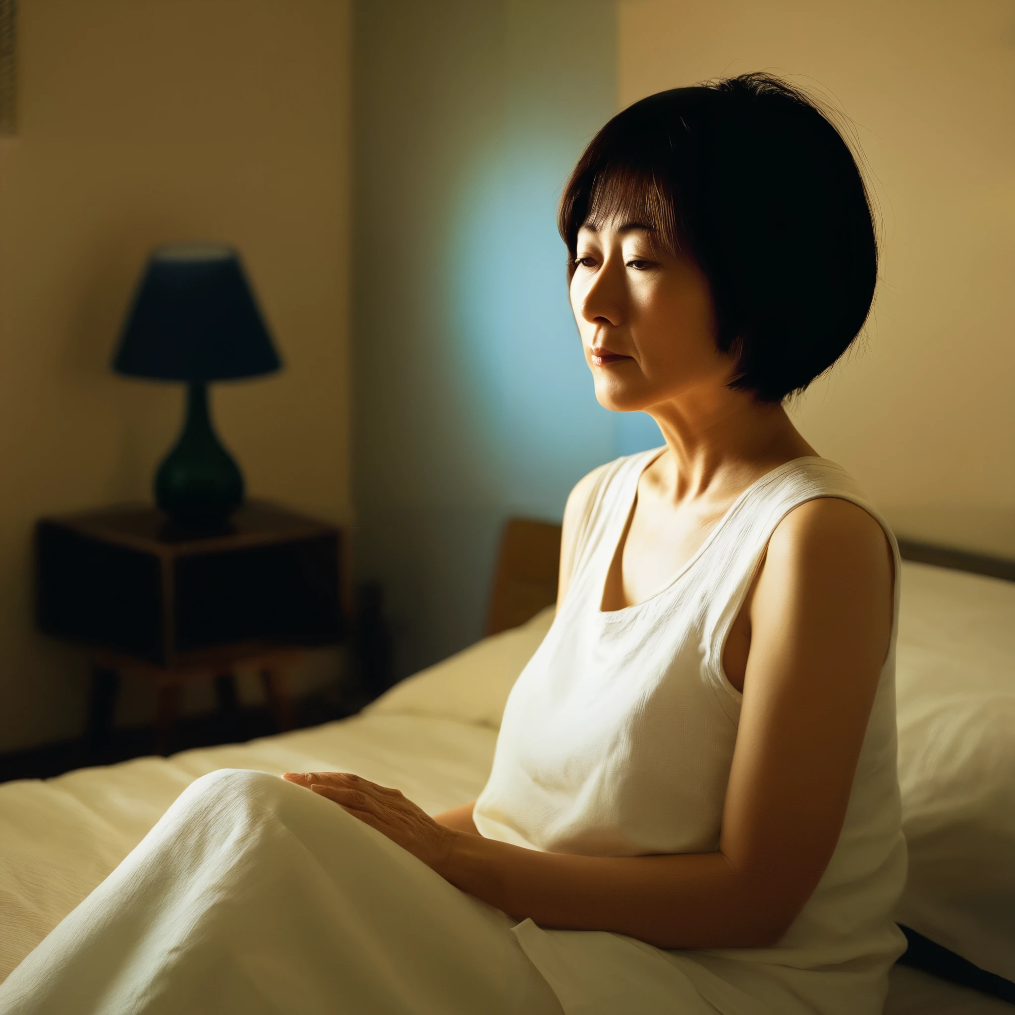 45-year-old Japanese woman、very short hair、Bedroom at home