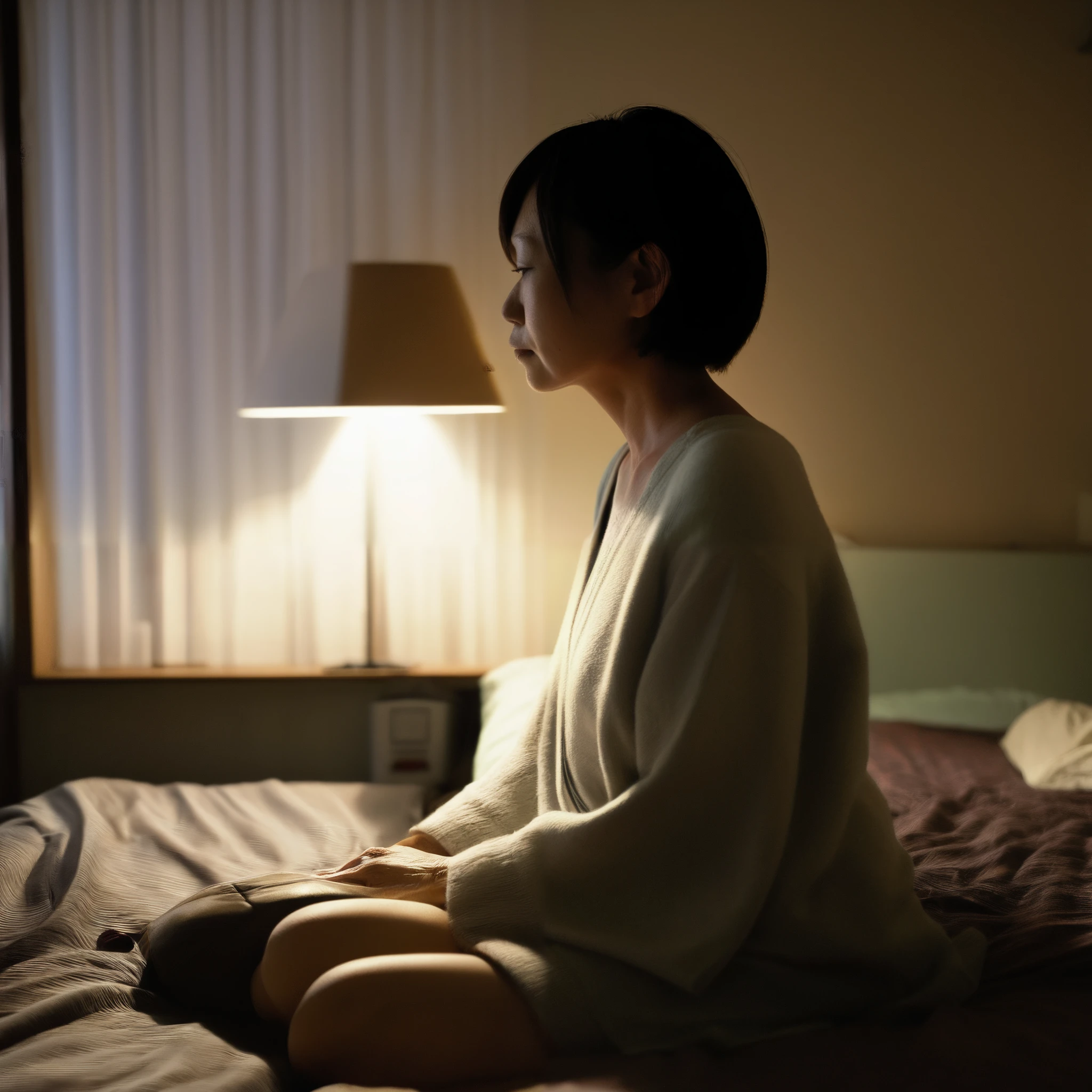 45-year-old Japanese woman、very short hair、Bedroom at home