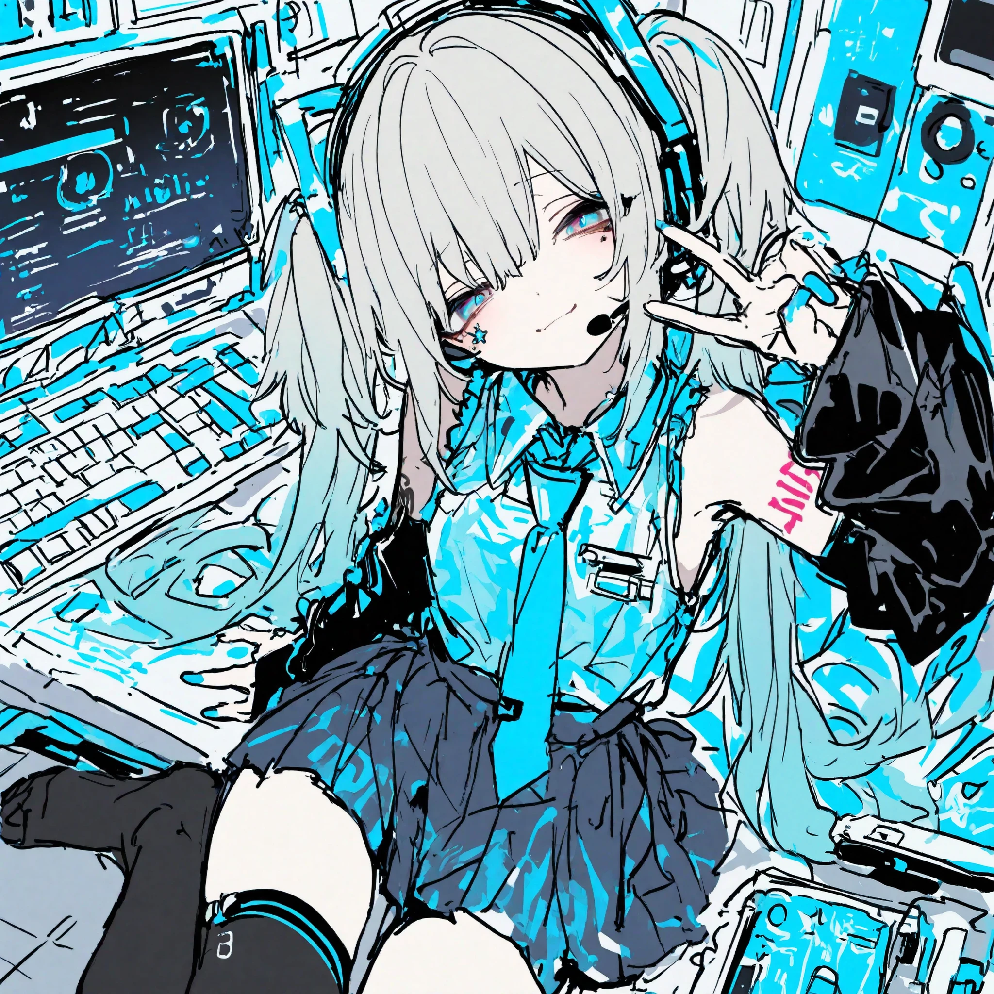 General,Komeshiro Kasu style,usnr, ma1ma1helmes_b_illu,sketch, general, 1girl with large aqua blue eyes and long aqua blue twin tails featuring gradient and glossy texture, showing a soft and cheerful expression, wearing a futuristic gray and aqua blue outfit, including a sleeveless top with a tie, a pleated skirt with aqua blue accents, black over-sleeves with a keyboard design, and black thigh-high socks with aqua blue stripes, equipped with a headset on her head, a 01 tattoo on her left arm, and aqua blue nails, depicted in chibi style with high detail and ultra-realistic rendering, focusing on the character's facial expression and outfit details, masterpiece quality in 8k resolution
