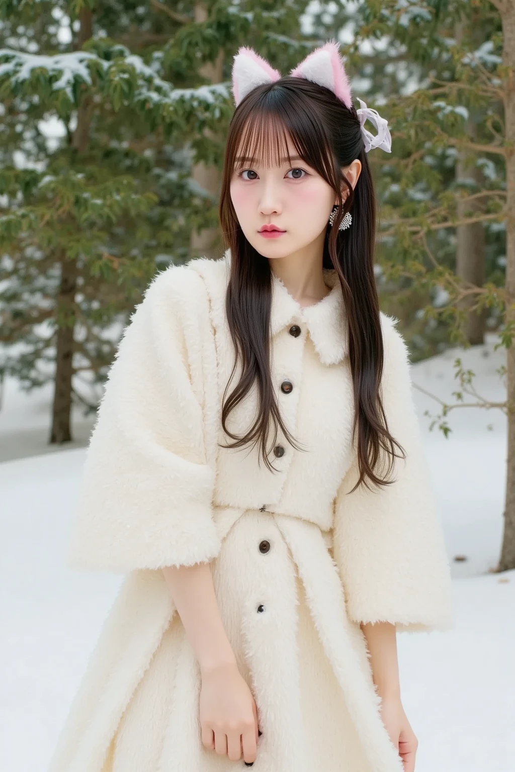 21 year old girl、Detailed Hair、Bear Ear Headband。(Random Nudes)，Exhibitionism，((Random exposure of genitals))。　Beautiful areola。Fine hair。In the vast snowy mountains、Detailed and complex background