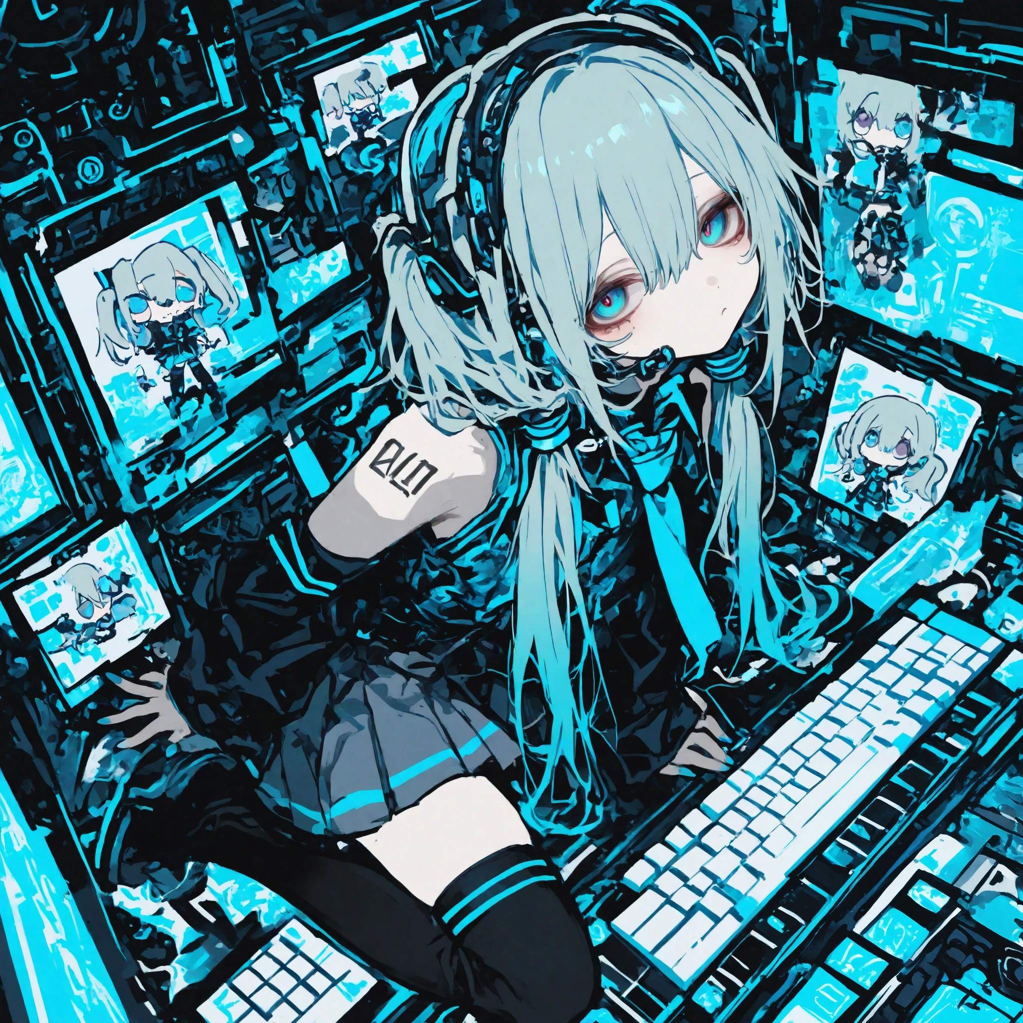 General,Komeshiro Kasu style, r17329_illu,usnr,hzk, general, 1girl with large aqua blue eyes and long aqua blue twin tails featuring gradient and glossy texture, showing a soft and cheerful expression, wearing a futuristic gray and aqua blue outfit, including a sleeveless top with a tie, a pleated skirt with aqua blue accents, black over-sleeves with a keyboard design, and black thigh-high socks with aqua blue stripes, equipped with a headset on her head, a 01 tattoo on her left arm, and aqua blue nails, depicted in chibi style with high detail and ultra-realistic rendering, focusing on the character's facial expression and outfit details, masterpiece quality in 8k resolution