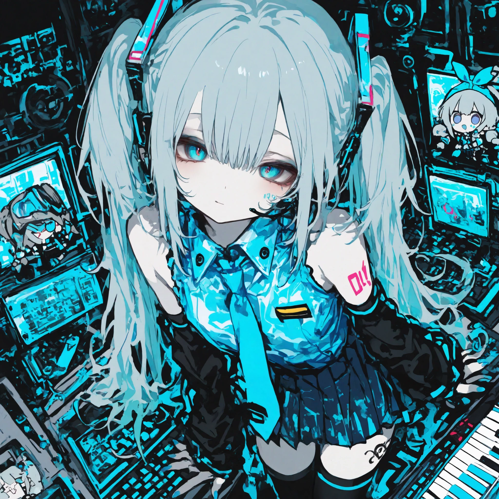 General,Komeshiro Kasu style, r17329_illu,usnr,hzk, general, 1girl with large aqua blue eyes and long aqua blue twin tails featuring gradient and glossy texture, showing a soft and cheerful expression, wearing a futuristic gray and aqua blue outfit, including a sleeveless top with a tie, a pleated skirt with aqua blue accents, black over-sleeves with a keyboard design, and black thigh-high socks with aqua blue stripes, equipped with a headset on her head, a 01 tattoo on her left arm, and aqua blue nails, depicted in chibi style with high detail and ultra-realistic rendering, focusing on the character's facial expression and outfit details, masterpiece quality in 8k resolution