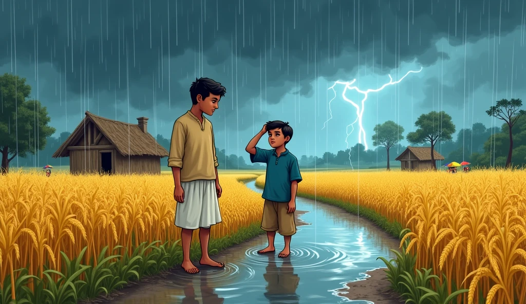 Ek  bhukhar hai Garib aadami bahut bada jhopadi Ghar per banata Hua Barish Aata Hua Barish ke bich kar apna Ghar banata hai uska video uska baccha Barish Mein baithkar RO Rahe Hain Sab catoon style mein
