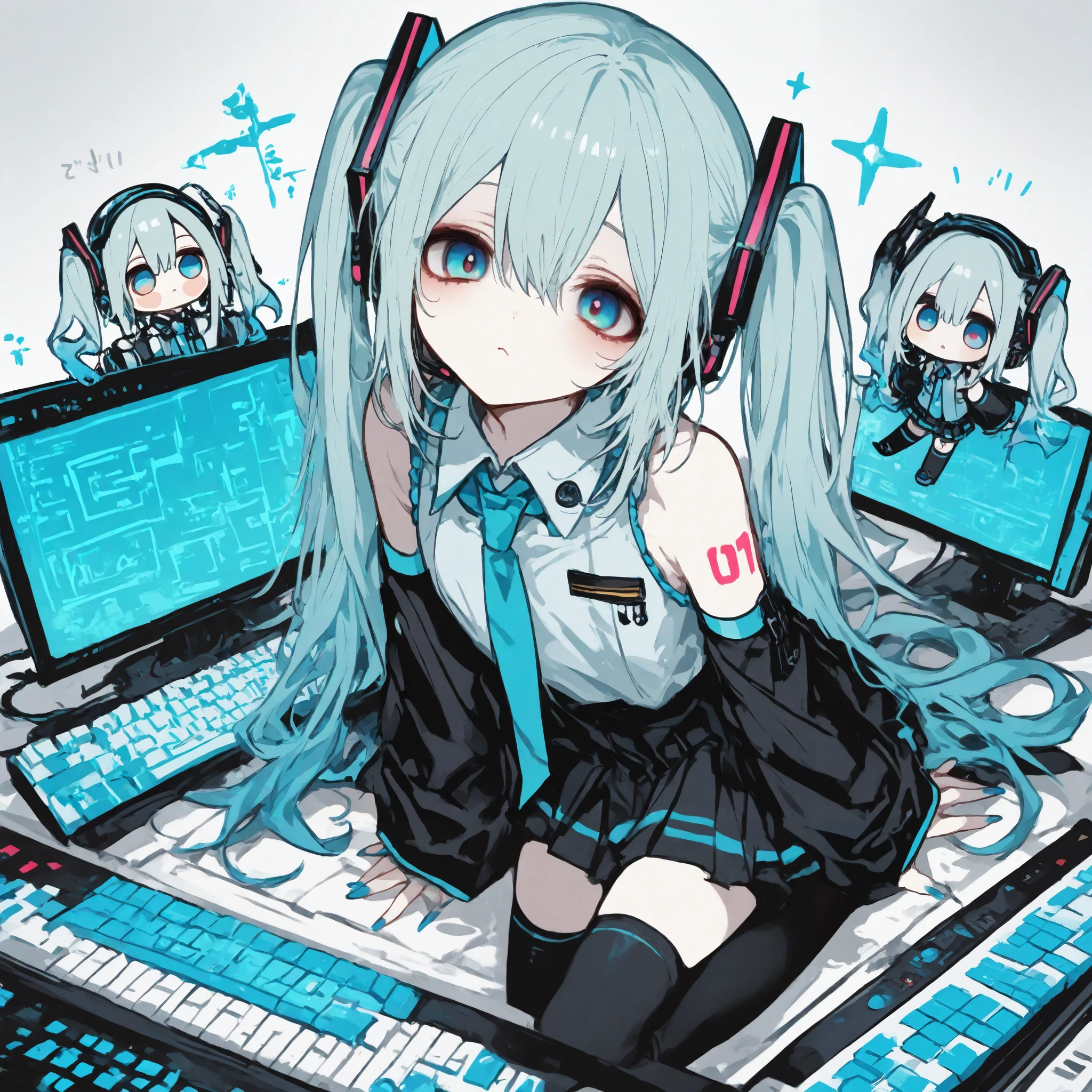 General,Komeshiro Kasu style, r17329_illu,usnr,hzk, general, 1girl with large aqua blue eyes and long aqua blue twin tails featuring gradient and glossy texture, showing a soft and cheerful expression, wearing a futuristic gray and aqua blue outfit, including a sleeveless top with a tie, a pleated skirt with aqua blue accents, black over-sleeves with a keyboard design, and black thigh-high socks with aqua blue stripes, equipped with a headset on her head, a 01 tattoo on her left arm, and aqua blue nails, depicted in chibi style with high detail and ultra-realistic rendering, focusing on the character's facial expression and outfit details, masterpiece quality in 8k resolution