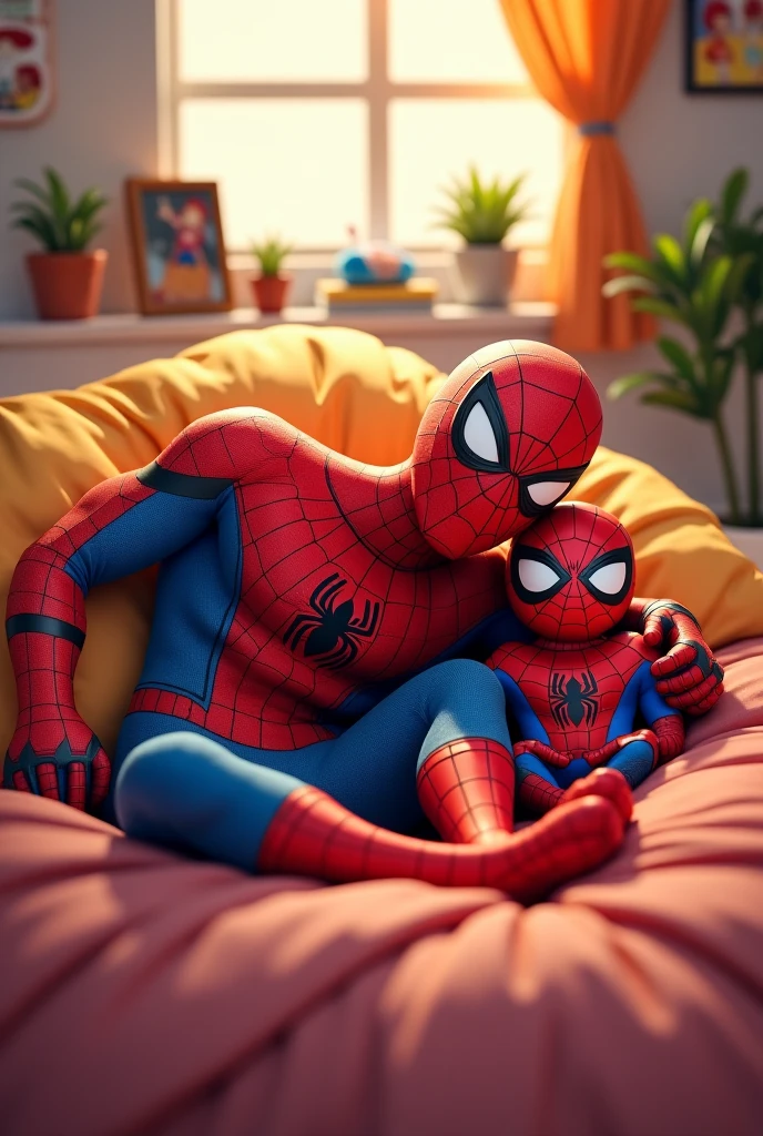 Create an image depicting a heartwarming scene of Spider-Man with a baby. Depict Spider-Man in a gentle and caring pose, cradling the baby in his arms. The art style should prioritize realism, capturing the details of Spider-Man's suit, his facial expression, and the innocence of the baby. Dress Spider-Man in his iconic suit, showcasing his superhero identity while also conveying his nurturing side. Place them in a safe and cozy environment, such as a warm living room or a peaceful park, to evoke a sense of comfort and security. Utilize soft and warm lighting to enhance the emotional atmosphere and convey the tenderness of the moment. The camera angle should be close-up, focusing on Spider-Man's face and the baby's features. Opt for a 135mm+ camera lens to capture the emotions with intricate detail. Render the image in high resolution to capture the warmth and intimacy of the scene.