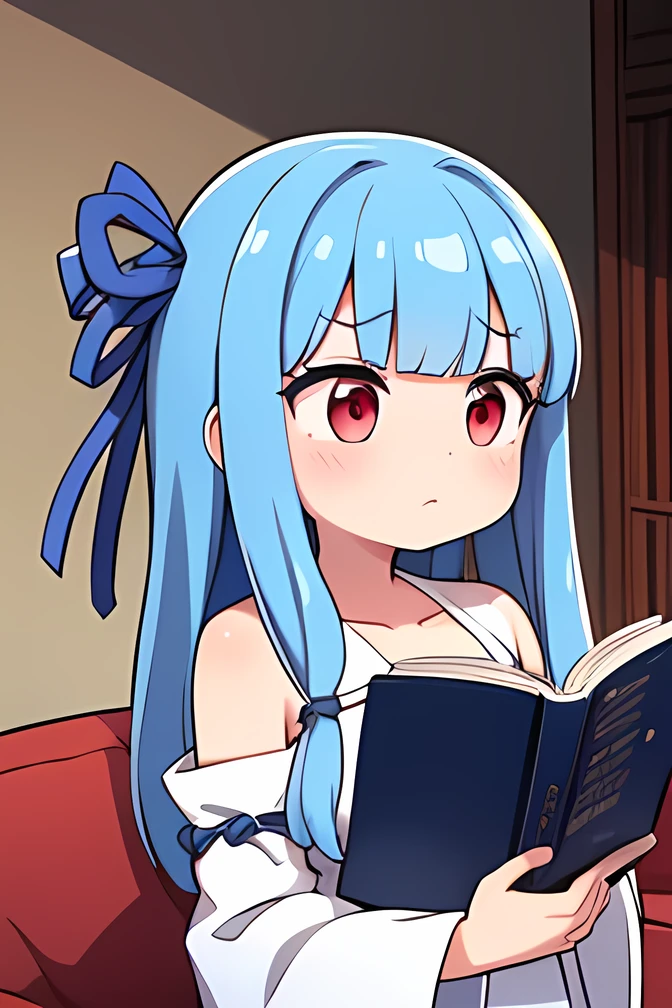Woman reading a book in the living room,aoi kotonoha,((blue hair ribbon:1.4)),red eyes,(droopy eyes) ,blue hair ,very long hair,blunt bangs,((((tall to the eye))),(huge breast),((((grace body ))),white dress, detach sleeve, Wide Sleeves , shoulder out , serious expression,(reading book),indoors,living room,on the sofa,upper body,