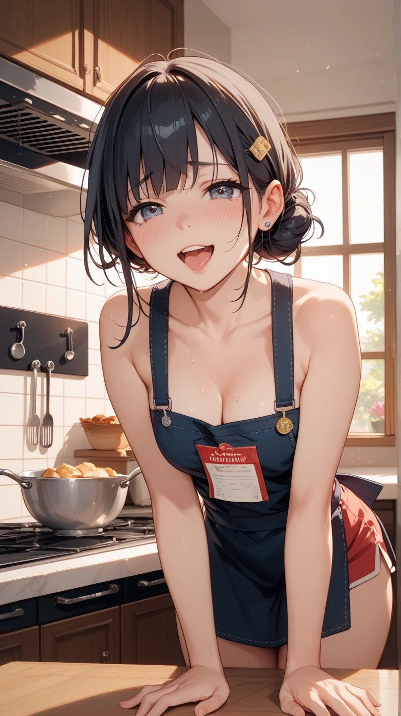 (dynamic angle:1.2, breast focus:1.0, from below:1.2), (seductive smiling:1.3),masterpiece, 1girl, (pointed chest:1.3), cleavage:1.1,(double breasted:1.2,under bust:1.2), Amazing Cleavage:1.3, thin waist, big ass, Raised sexy, small breast: 1.2 posed cleavage:1.2、solo, looking at viewer, open mouth, have a grass of beergrass,black hair, blue eyes, bare shoulders, jewelry, collarbone, sidelocks, hairband, earrings, indoors, red off shoulder sweater dress, arms behind back, short hair with long locks, blue white hairband, big side hair, very long side hair is rendered in (masterpiece: 1.2, best quality), with (ultra high resolution) and an exquisite (depth of field). This masterpiece is not only visually stunning but also tells,A scene of cooking in the kitchen