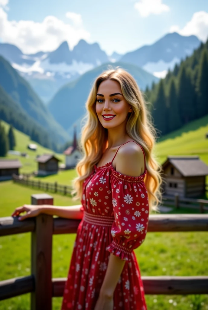 Perrie Edwards in traditional Swiss clothing sexy with lipstick and smiling