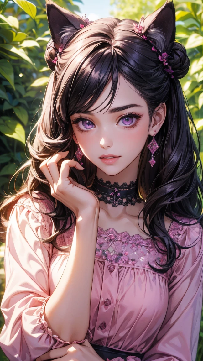 ((Best quality)), ((masterpiece)), (detailed: 1.3), beautiful woman, One girl, ((purple eyes)), Cinema Lighting, ((black hair, ponytail hairstyle, wavy hair, long bangs)), elf ears, earrings, piercing, tanned skin, pink short dress, large breasts, cleavage, open clothes, thick ass, choker, necklace, beach, sitting, bedroom, pink walls, very detailed eyes, very detailed hair, very detailed clothes, very detailed face, beautiful eyelashes, sultry eyes, juicy lips, soft blush, posing sexily, provocative, looking at viewer, in love with viewer, very expressive face, smooth skin, freckles, natural eyebrows