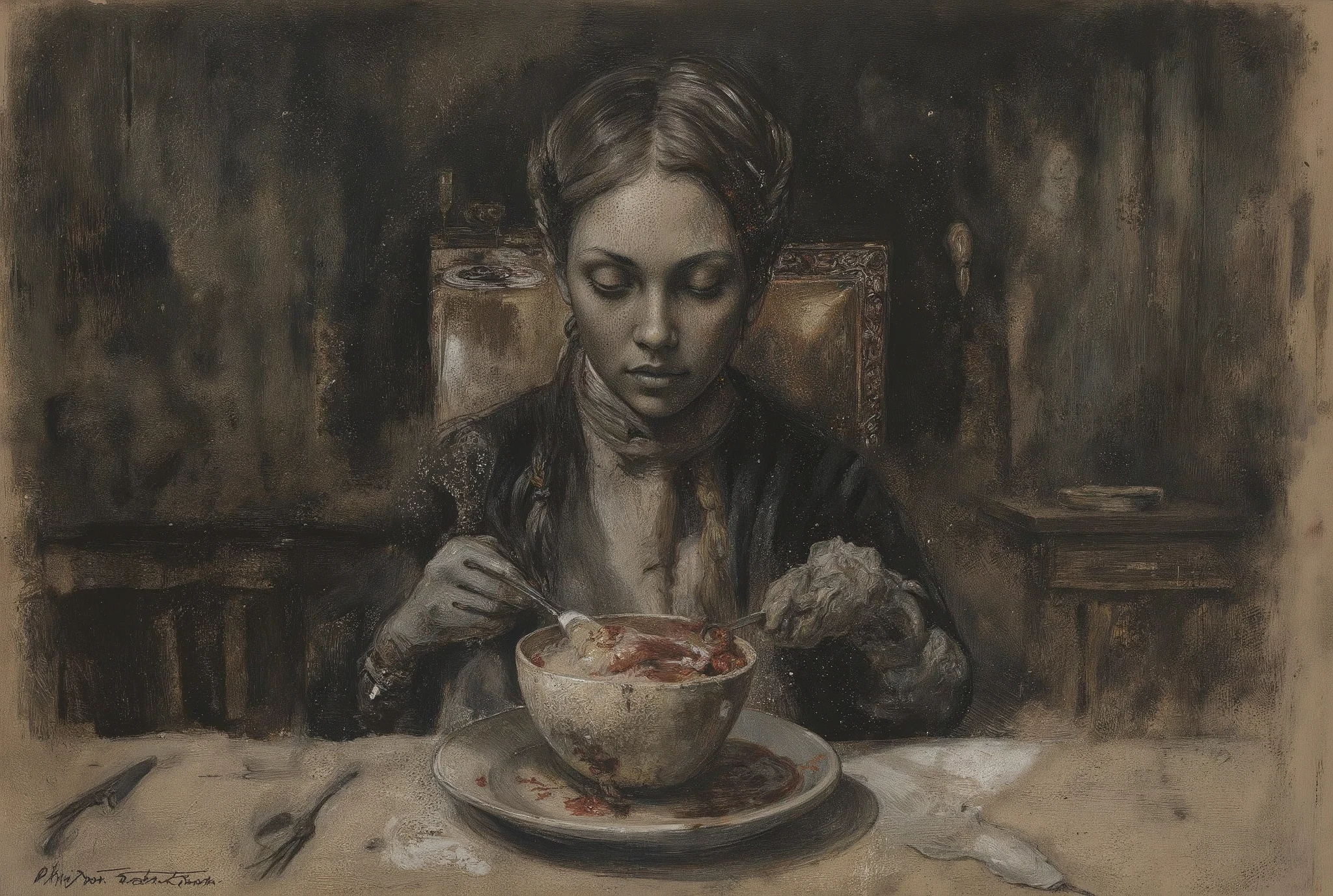 A haunting oil painting depicts a young girl seated behind a dimly lit, ornate dinner table in a posh, yet eerie dining room. Her Victorian-era dress and side braids are juxtaposed with the gruesome plate before her, filled with blood and a human heart. The girl is holding a knife and fork in anticipation. The atmosphere is grim, unsettling, and chaotic, evoking feelings of turmoil and despair. Bold, crude linework adds to the surreal quality, as if drawn on old, stained paper by a troubled mind. The bleak color palette immerses the viewer in a world of darkness and hopelessness.