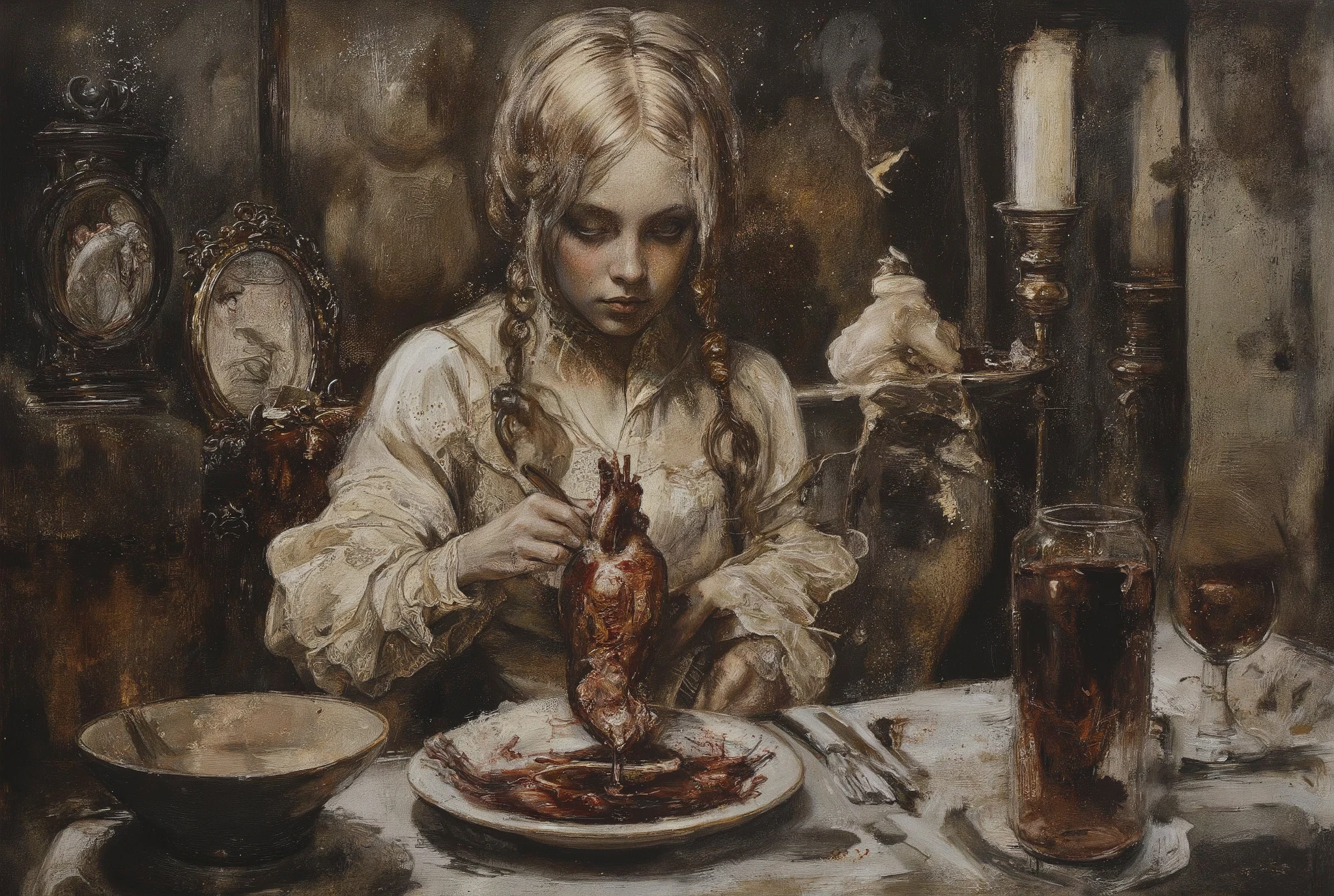 A haunting oil painting depicts a young girl seated behind a dimly lit, ornate dinner table in a posh, yet eerie dining room. Her Victorian-era dress and side braids are juxtaposed with the gruesome plate before her, filled with blood and a human heart. The girl is holding a knife and fork in anticipation. The atmosphere is grim, unsettling, and chaotic, evoking feelings of turmoil and despair. Bold, crude linework adds to the surreal quality, as if drawn on old, stained paper by a troubled mind. The bleak color palette immerses the viewer in a world of darkness and hopelessness.