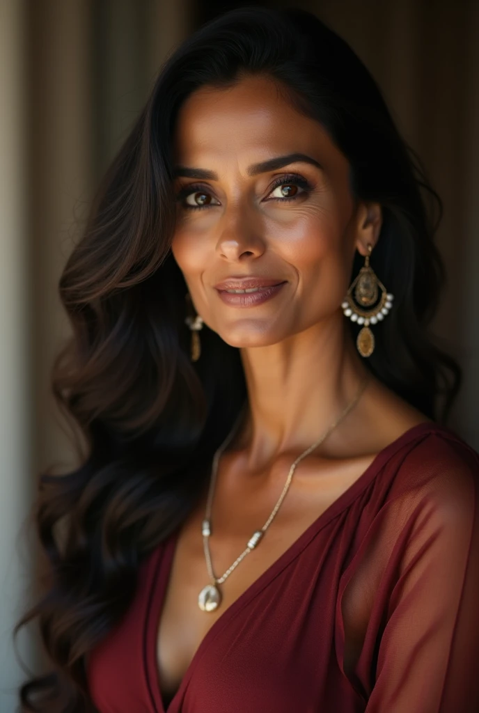 45-year-old Greek woman, (Greek goddess hecate), (face with Greek woman's features), long black hair, expressionless, windswept hair, black dress with red details, red lipstick, large detailed eyes, forest background, night (high detail skin: 1.2), 8k uhd, DSLR, soft light, high quality, film grain, 20mp, Fuji XT3, 80mm, Hasselblad