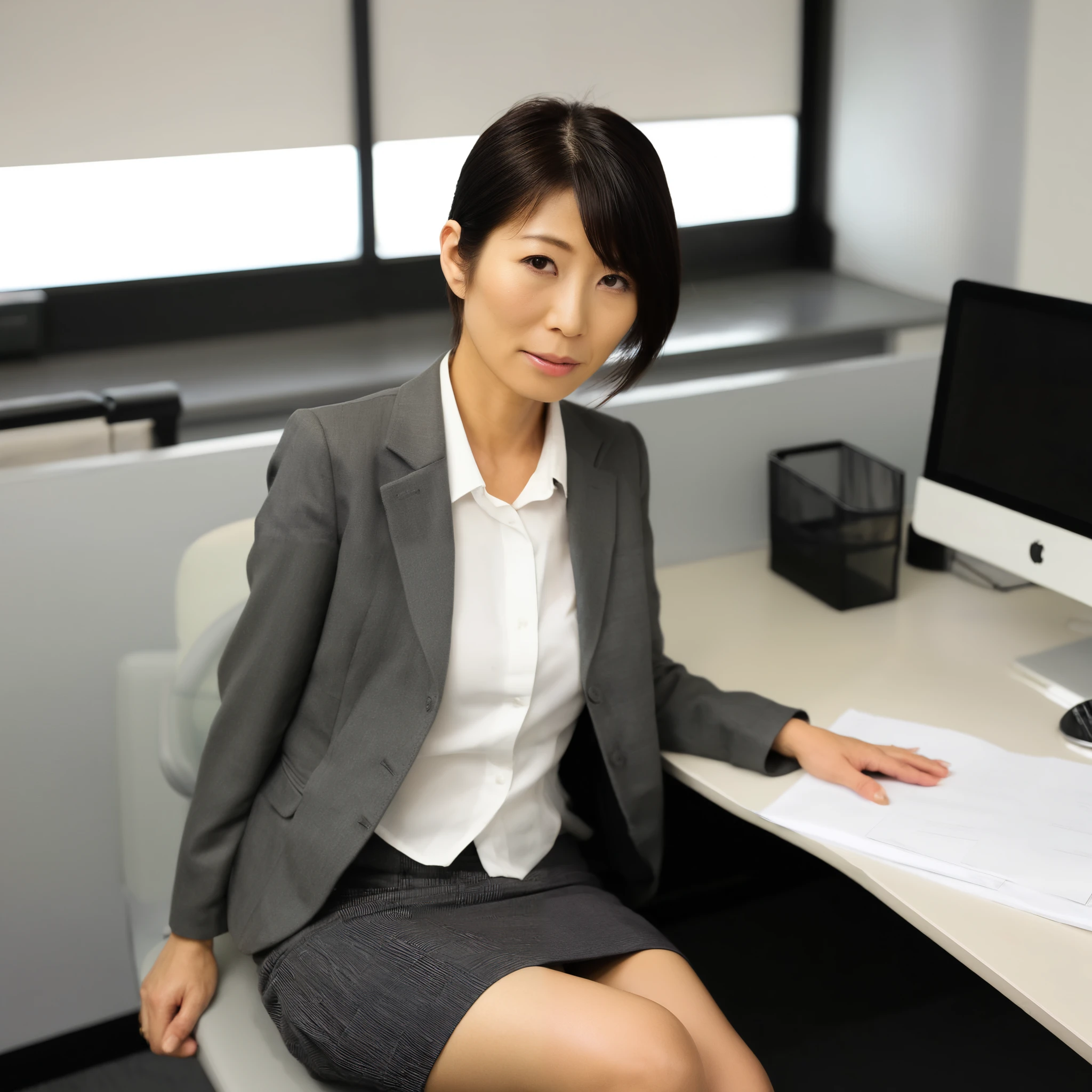40-year-old Japanese woman、 Skinny Body 、very short hair、 white shirt、gray jacket、Wearing a gray skirt、 office desk、looking here